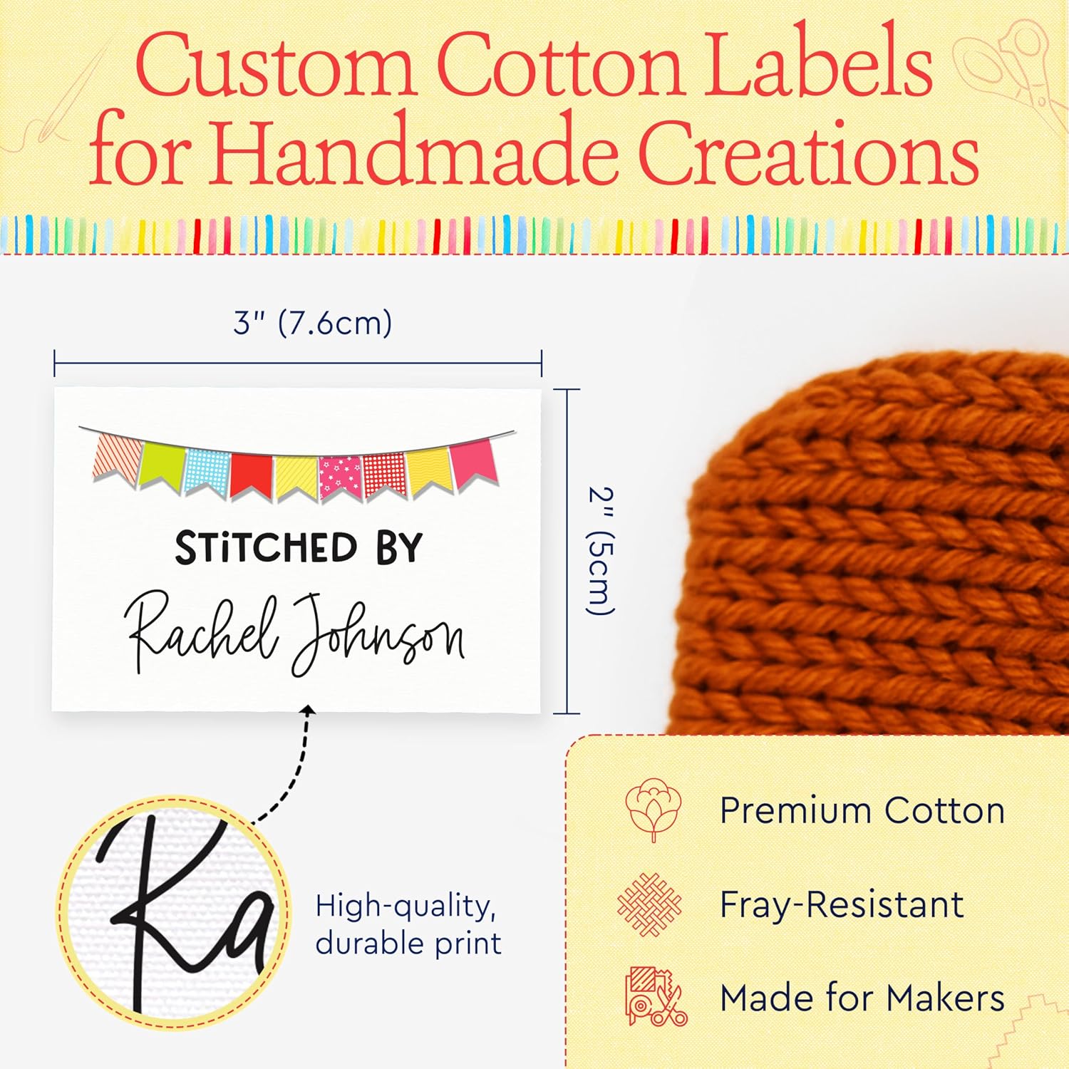 Custom Sewing Labels, Set of 12 Labels | Personalized Cotton Fabric Tags 2”x3” Each– Sew On or Iron On – Gift for Quilters, Knitters, mom, Grandma – Machine Washable Quilt Tags - Colorful Banner