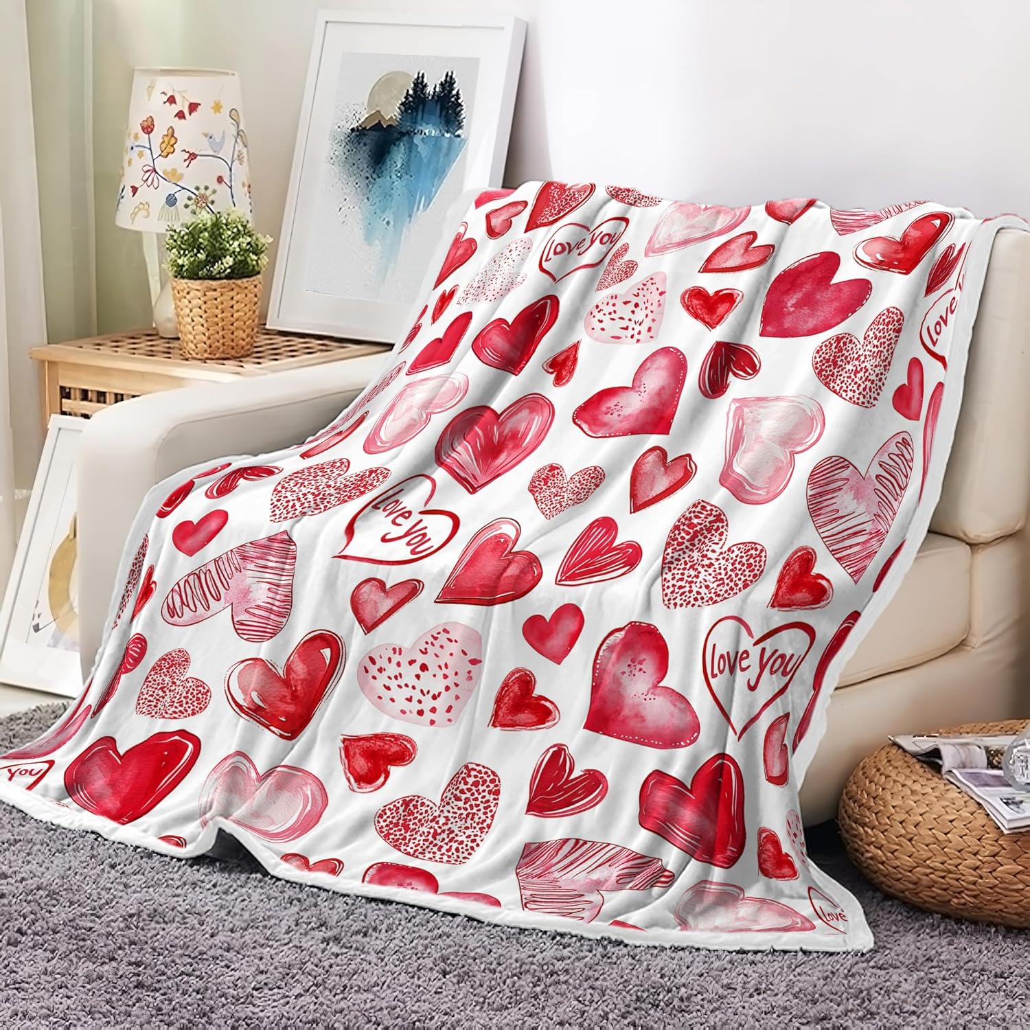 JAWO Happy Valentines Day Throw Blanket, Rose Heart Red Valentine's Day Gift Super Soft Fuzzy Warm Throw Blankets, Valentines Day Holiday Theme Decorative Blanket for Winter Bedding Couch Sofa