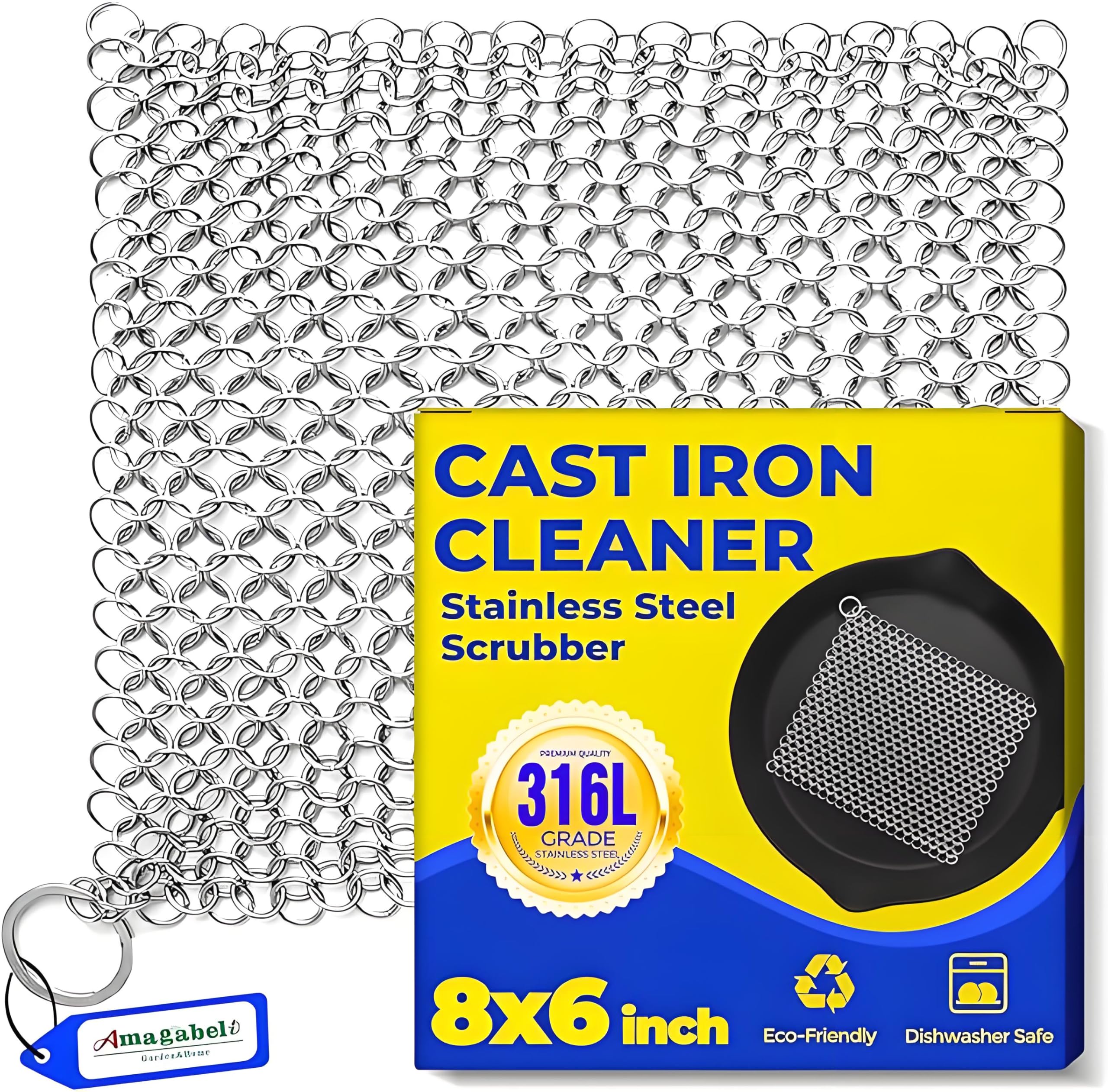 Amagabeli Limpiador de Hierro Fundidode Acero Inoxidable, 20x15,2cm Depurador de Cota de Malla para Todo Tipo de Parrillas, Sartenes, Parrillas y Hornos Holandeses
