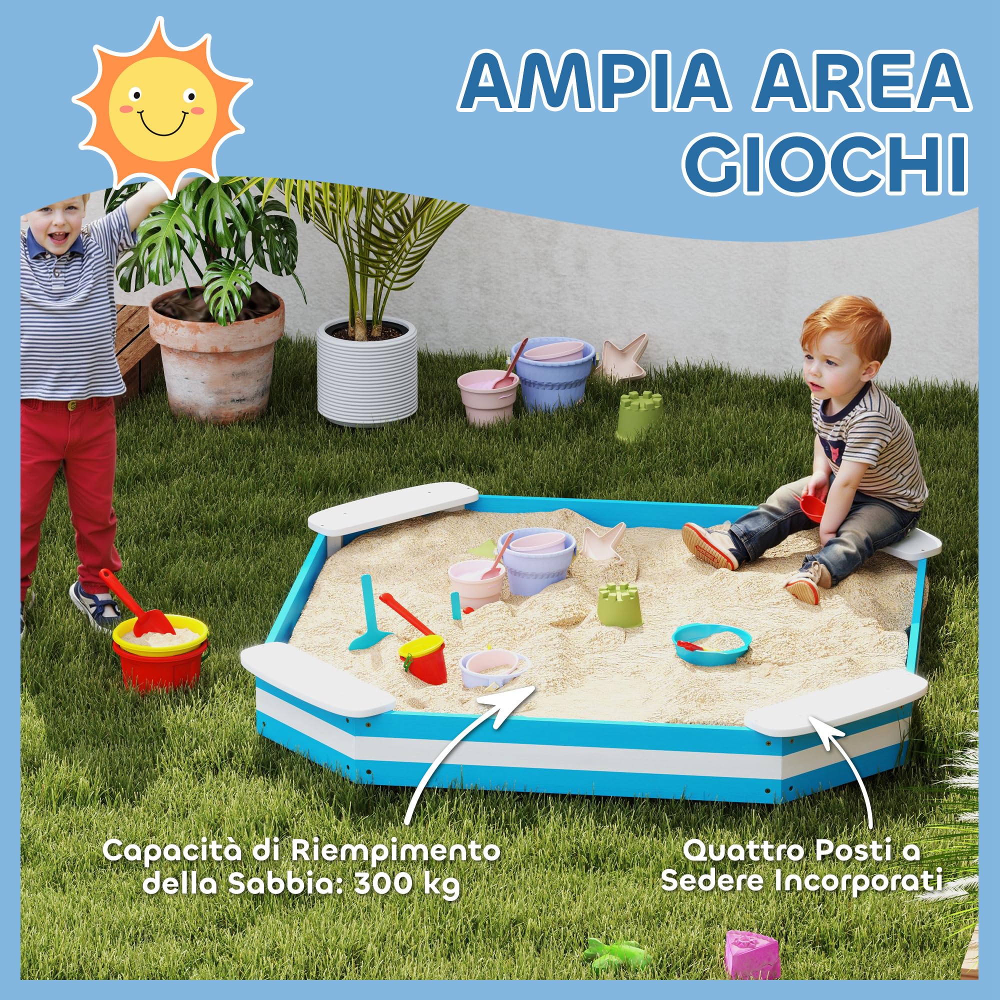 AIYAPLAY Sabbiera per Bambini con 4 Sedute Angolari, Sabbionaia in Legno con Fondo Aperto, Età 3-6 Anni, 133x133x16 cm, Blu e Bianco
