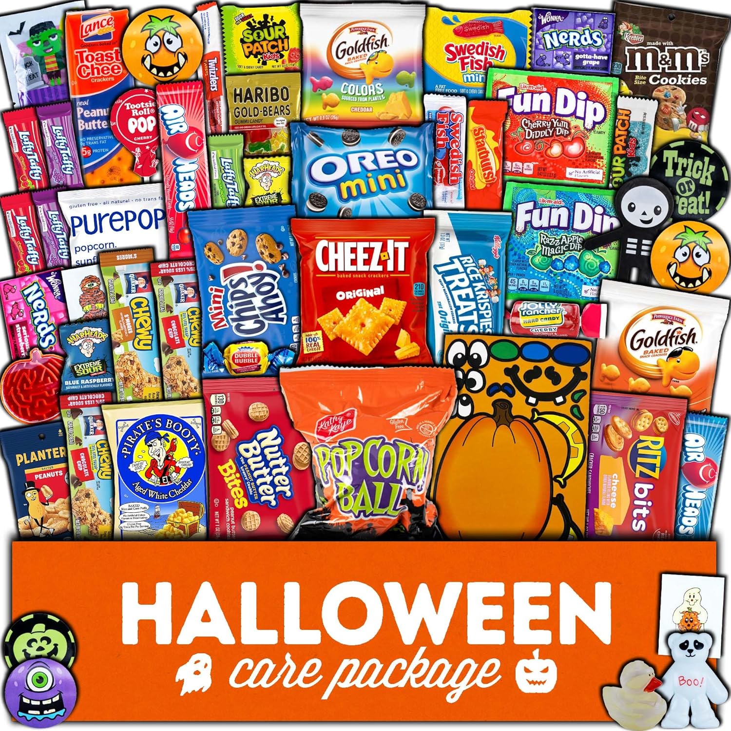 Halloween Candy Care Package Gift (50ct) Snacks Box Basket Candies Kids Children Adults Cookies Food Variety Pack Bundle Mixed Bulk Sampler Girls Boys Guys Men Women Boyfriend Girlfriend College Student