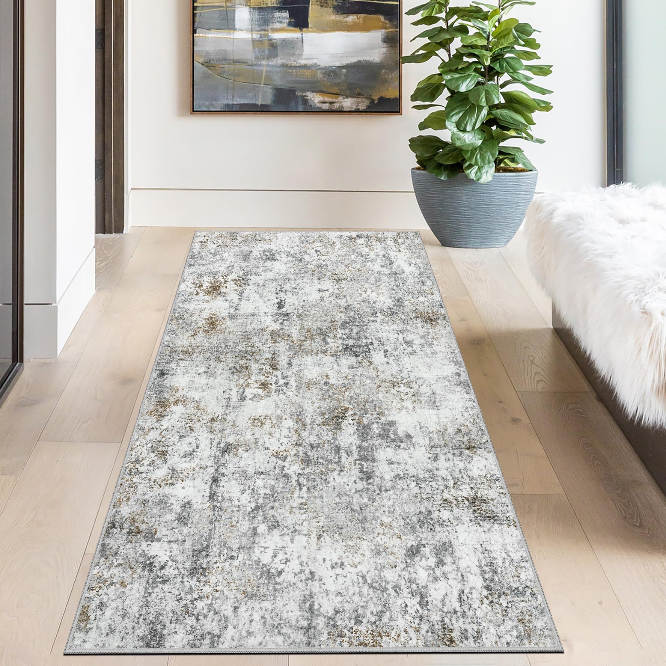 Capslpad Beige Braun Abstrakter Teppich für Flur 80x150cm Waschbar Küchenläufer Teppiche rutschfest Modern Minimalistisch Kurzflor Kunstwolle Teppich für Wohnzimmer Schlafzimmer
