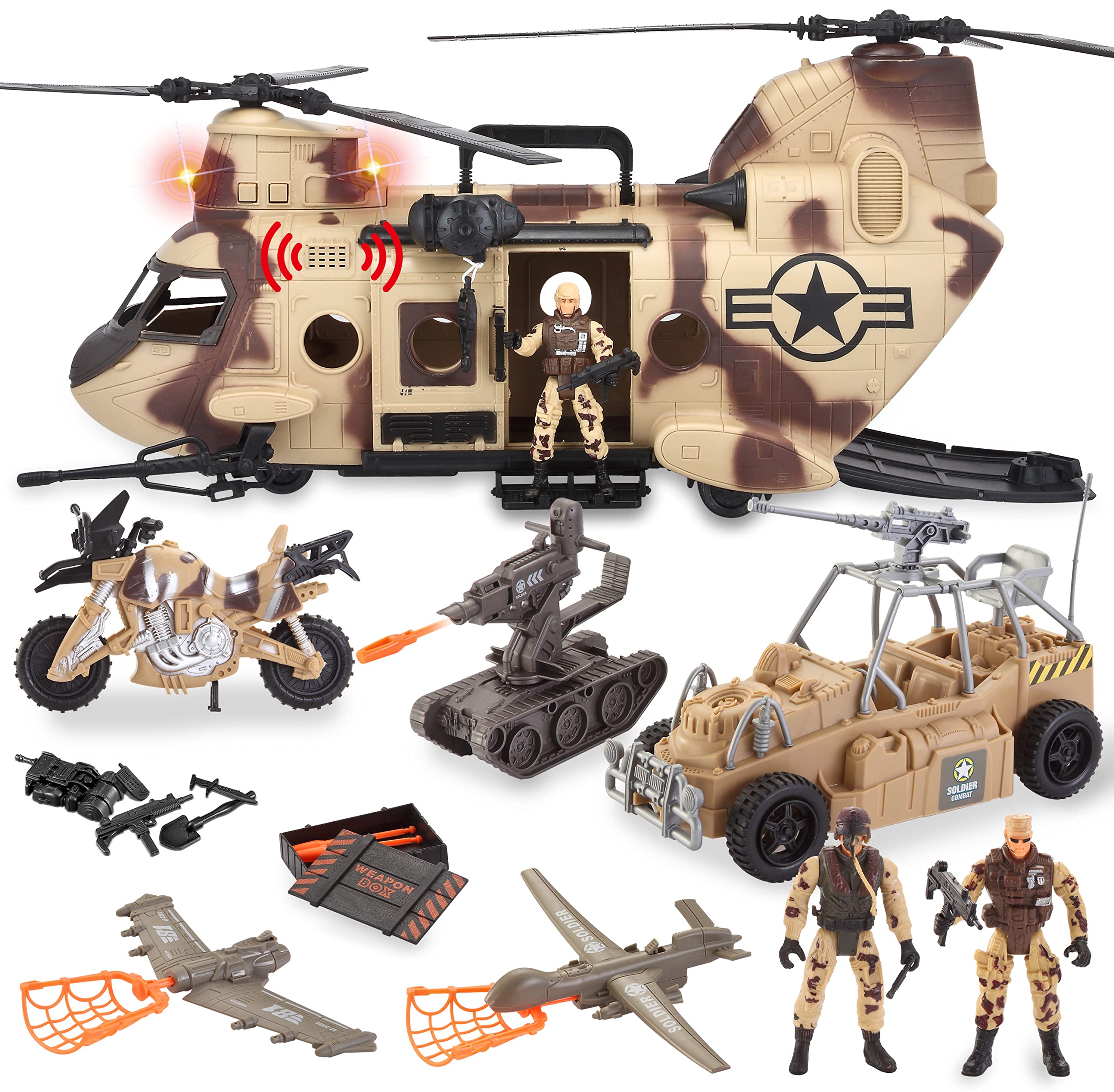 JOYIN Jumbo Military Military Vehicle Toy Set Including Camouflage Helicopter with Realistic
