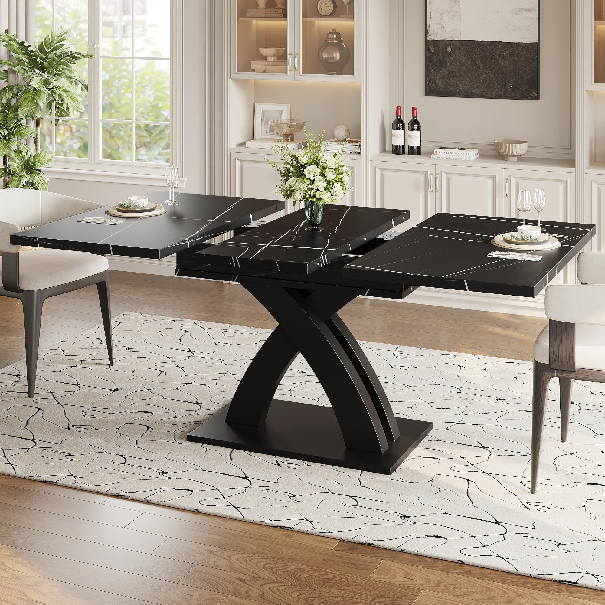 Esstisch Ausziehbar mit X-Förmige Tischbeine für 4-6 Personen, Esszimmertische Küchentisch mit Unverwechselbare Muster, Esstisch Holz Esszimmertisch Ausziehbar, 120-160x80x76 cm, Schwarz