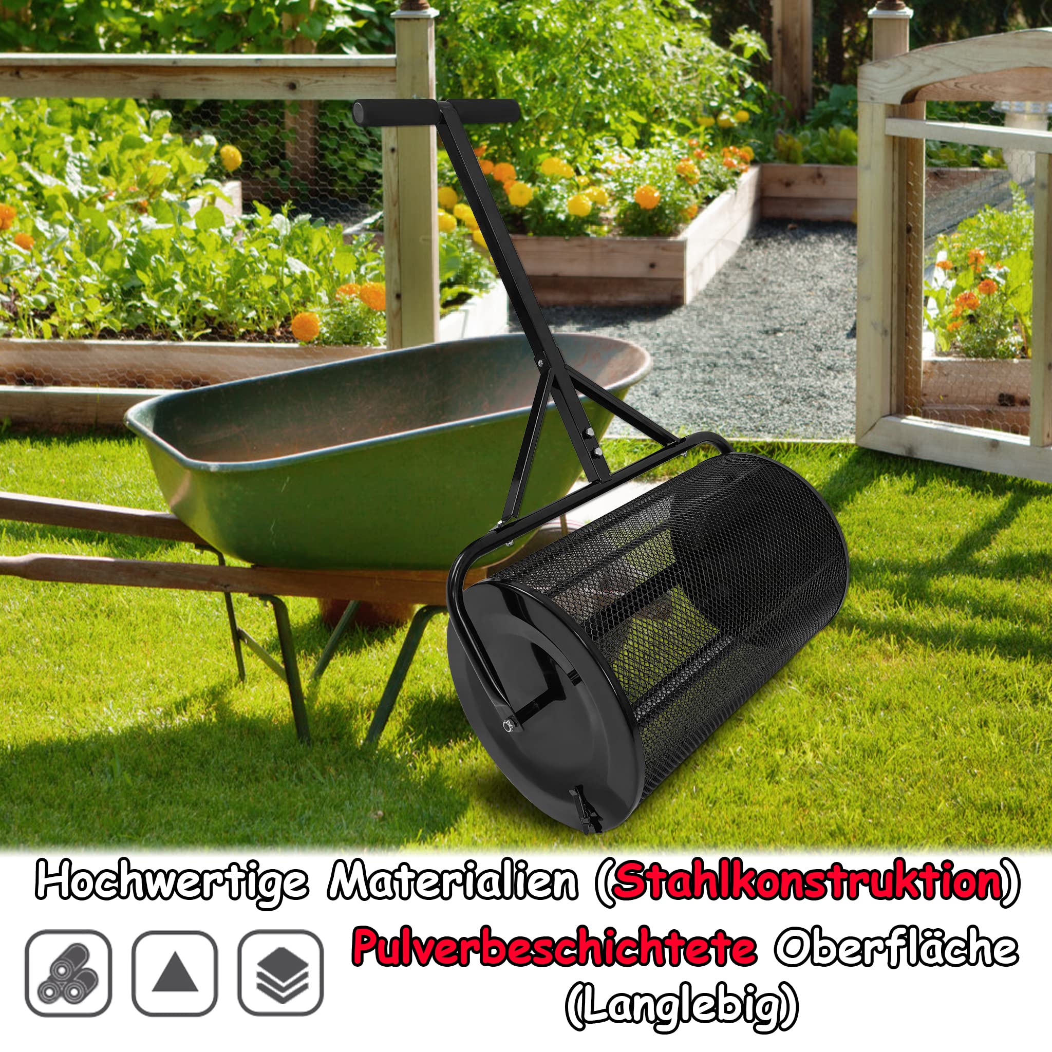 NAIZY Esparcidor de compost 40x65x110cm de acero 81L rellenable esparcidor de fertilizante de césped esparcidor de compost con mango de esponja esparcidor de semillas multiusos