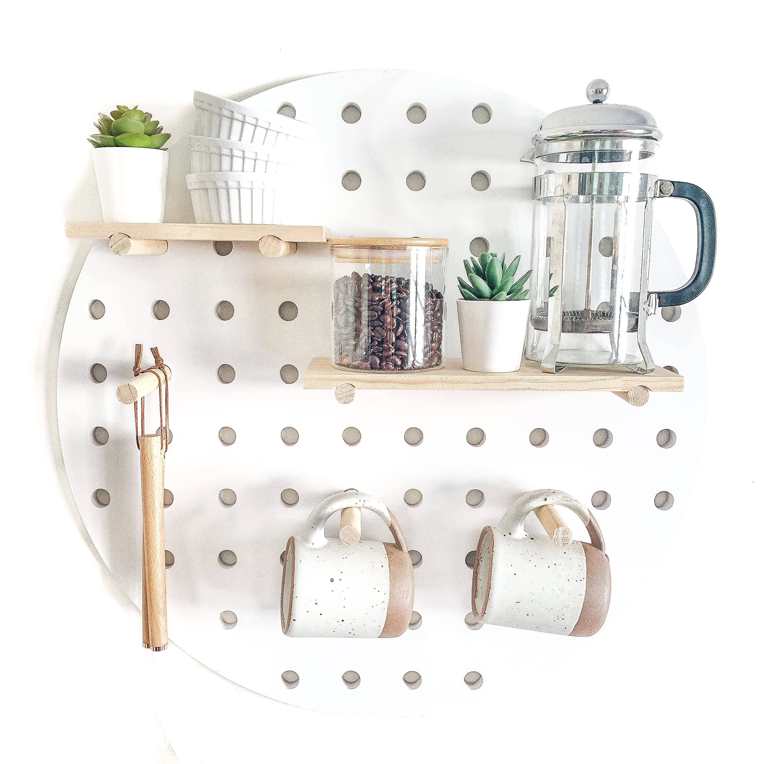 Round Wooden Pegboard Shelf Display (Muted Blush) Lilac Wall Display with Floating Shelves and Pegs for Any Room and Craft Organization