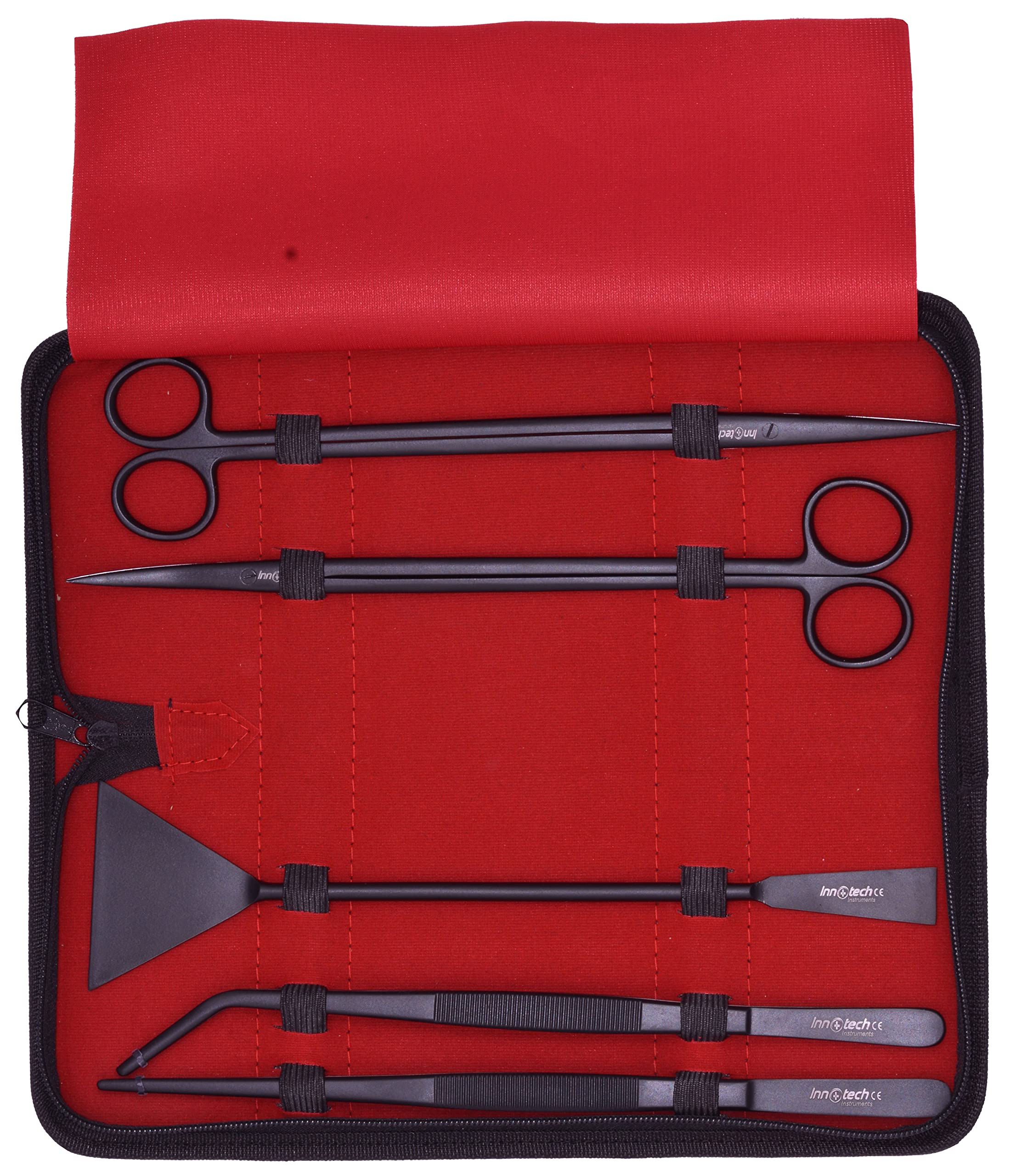 Innotech - Kit de limpieza para acuarios, color negro, juego completo de herramientas para el cuidado del terrario, 5 unidades de acero inoxidable, con estuche de 25 cm