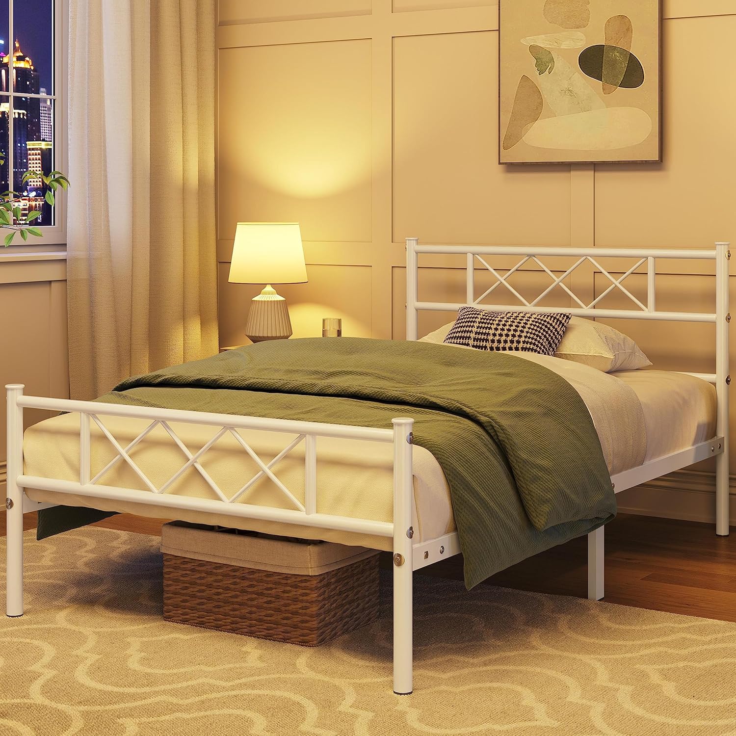 Yaheetech Twin Size Metal Bed Platform with Headboard and Footboard/Mattress Foundation/Under Bed Storage White