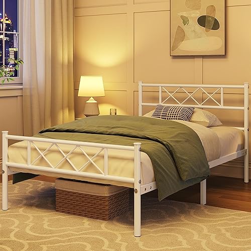 Miniatura 7 de Yaheetech Plataforma de cama de metal tamaño individual con cabecero y estribobase de colchónalmacenamiento debajo de la cama, color blanco