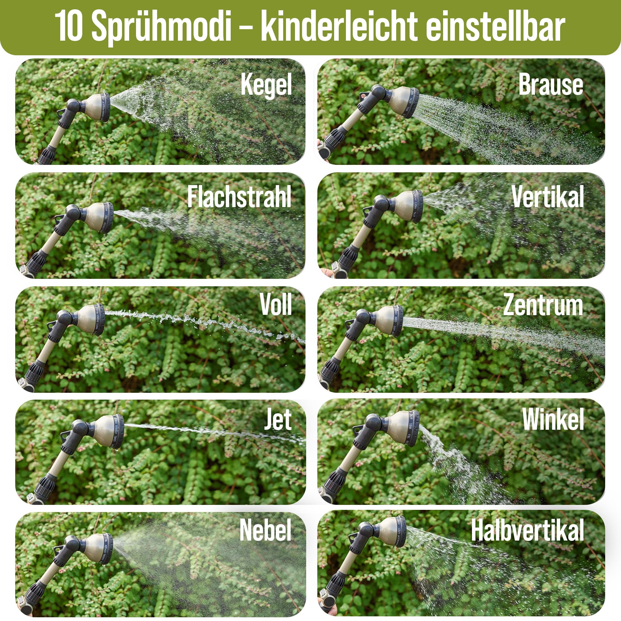 rainfactory Gießstab für Garten [10 Sprühmodi] Metall-Brausestab, langer Aluminium Comfort-Stab | Gartenbrause mit Messingadapter für schnelle Befestigung | Multibrause für Blumendusche & Beete