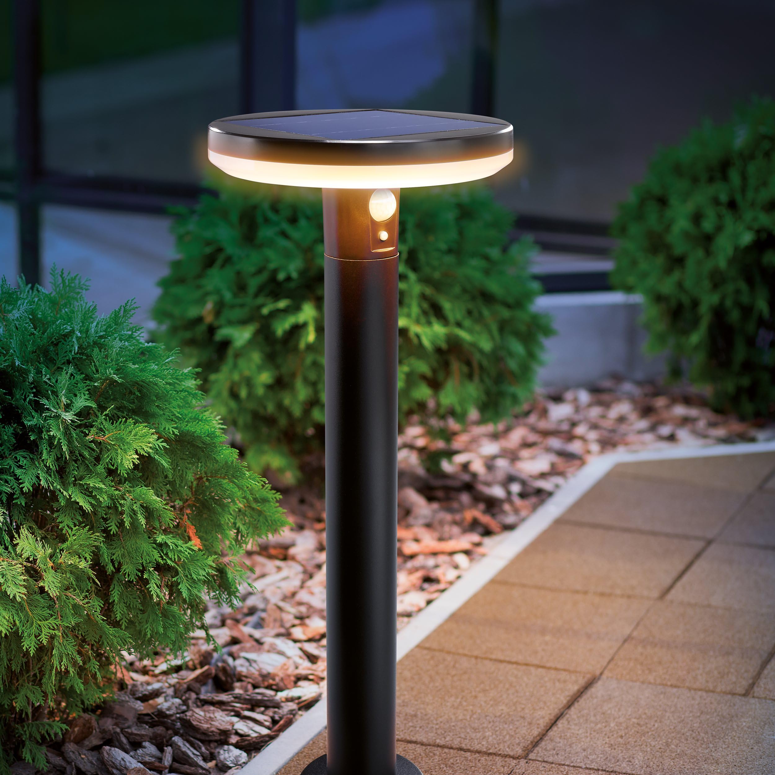 Solaire LED Capteur Borne Lumineuse Arezzo - Couleur de la Lumière 3000K Blanc Chaud - Max. 600 Lm Lichtstrom - D'Autonomie 8 Hauteur - Dimensions 20 X 50 CM - Lampe Lampadaire Détecteur Mouvement