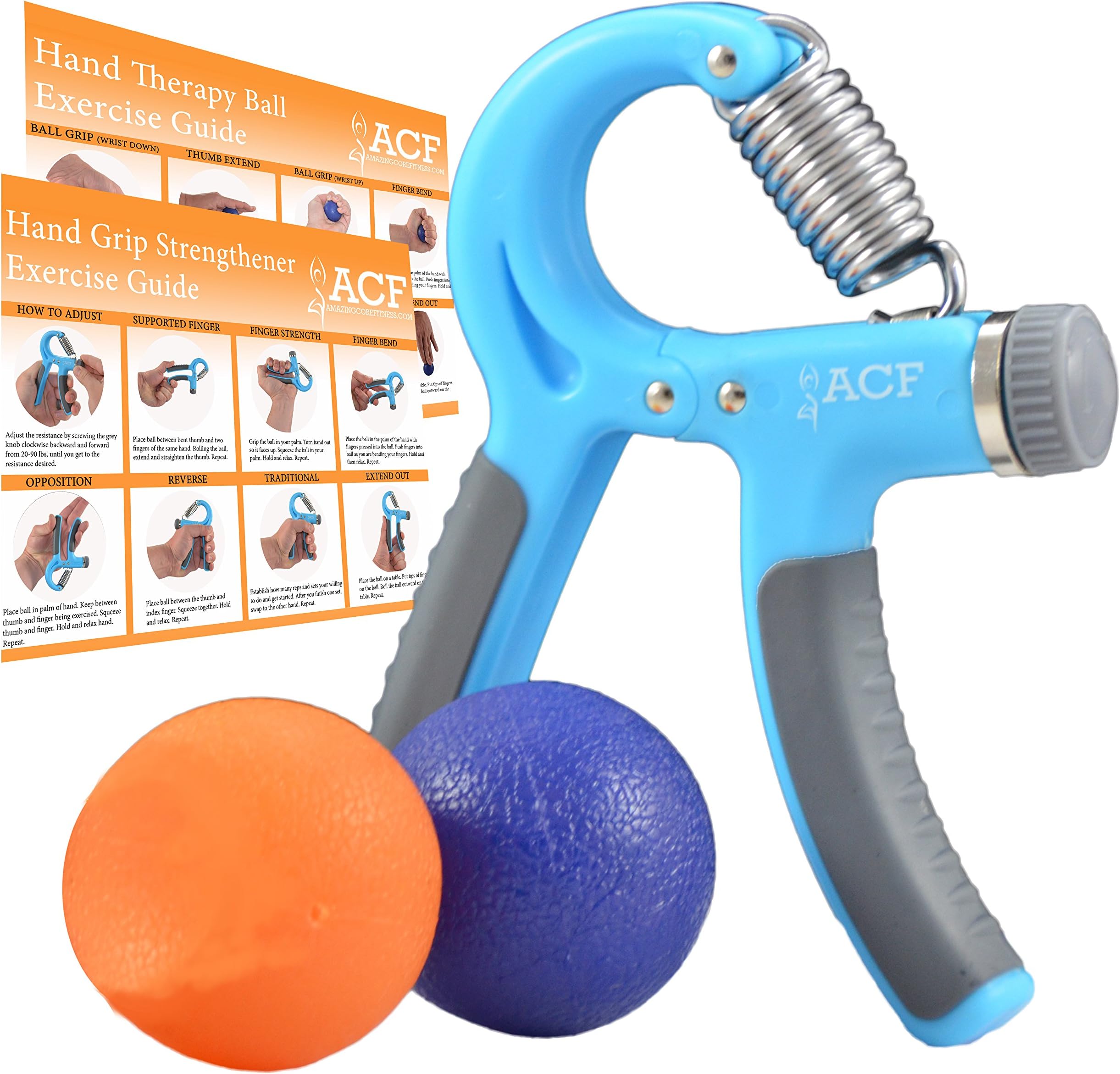 Amazing Core Fitness ACF Hand Grip Strengthener Strength Trainer Adjustable Resistance 22-88 Lbs Best Hand Exerciser Gripper or Ball Set