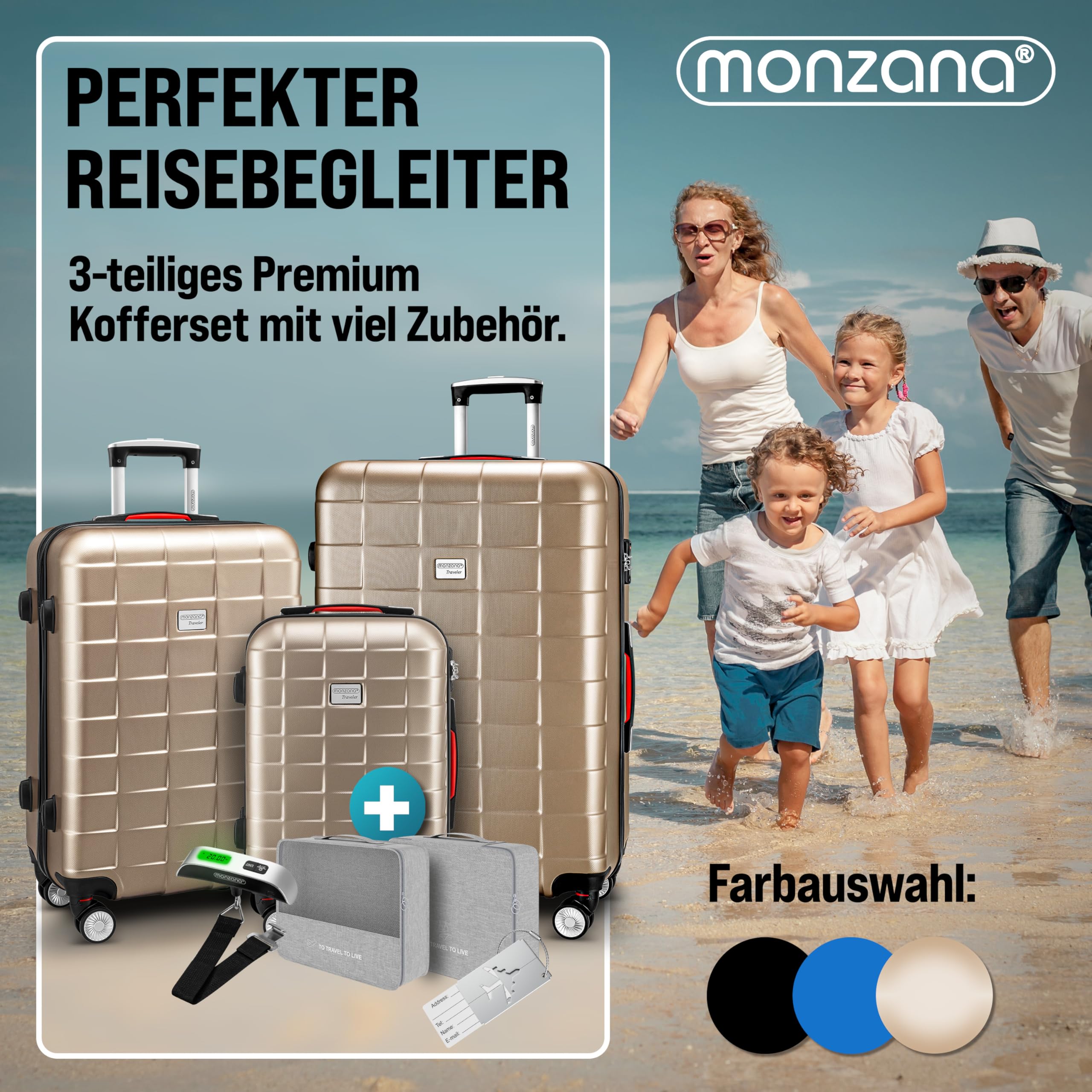 Monzana® 3tlg Kofferset TSA Schloss Organizer Kofferwaage Gel-Griffe Zwillingsrollen Standfüße Trolley Reisekoffer Hartschale Koffer M-L-XL Champagner