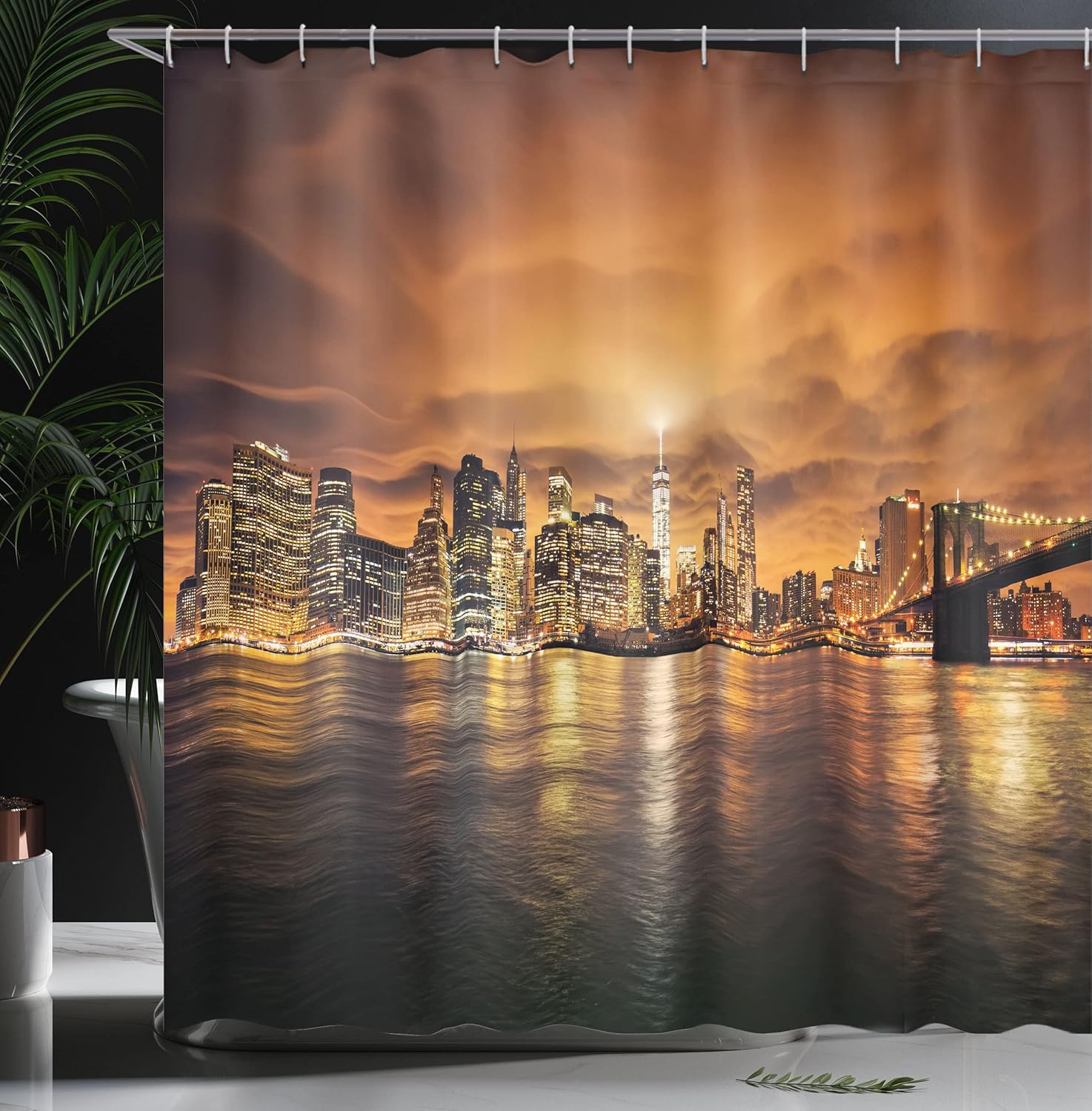 Ambesonne Cityscape Shower Curtain, Manhattan at Sunset New York from Brooklyn Reflections Seaport Scenery Print, Cloth Fabric Bathroom Decor Set with Hooks, 69" W x 70" L, Orange Black