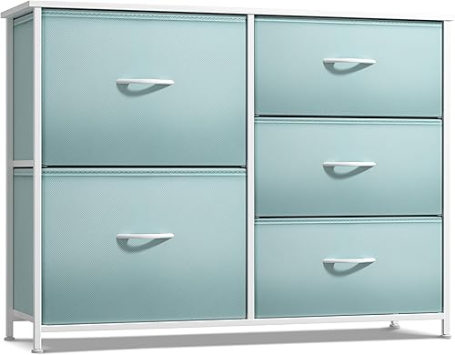 Sorbus Cómoda para niños con 6 cajones Organizador de pecho de almacenamiento Marco de acero, parte superior de madera, contenedores de tela de