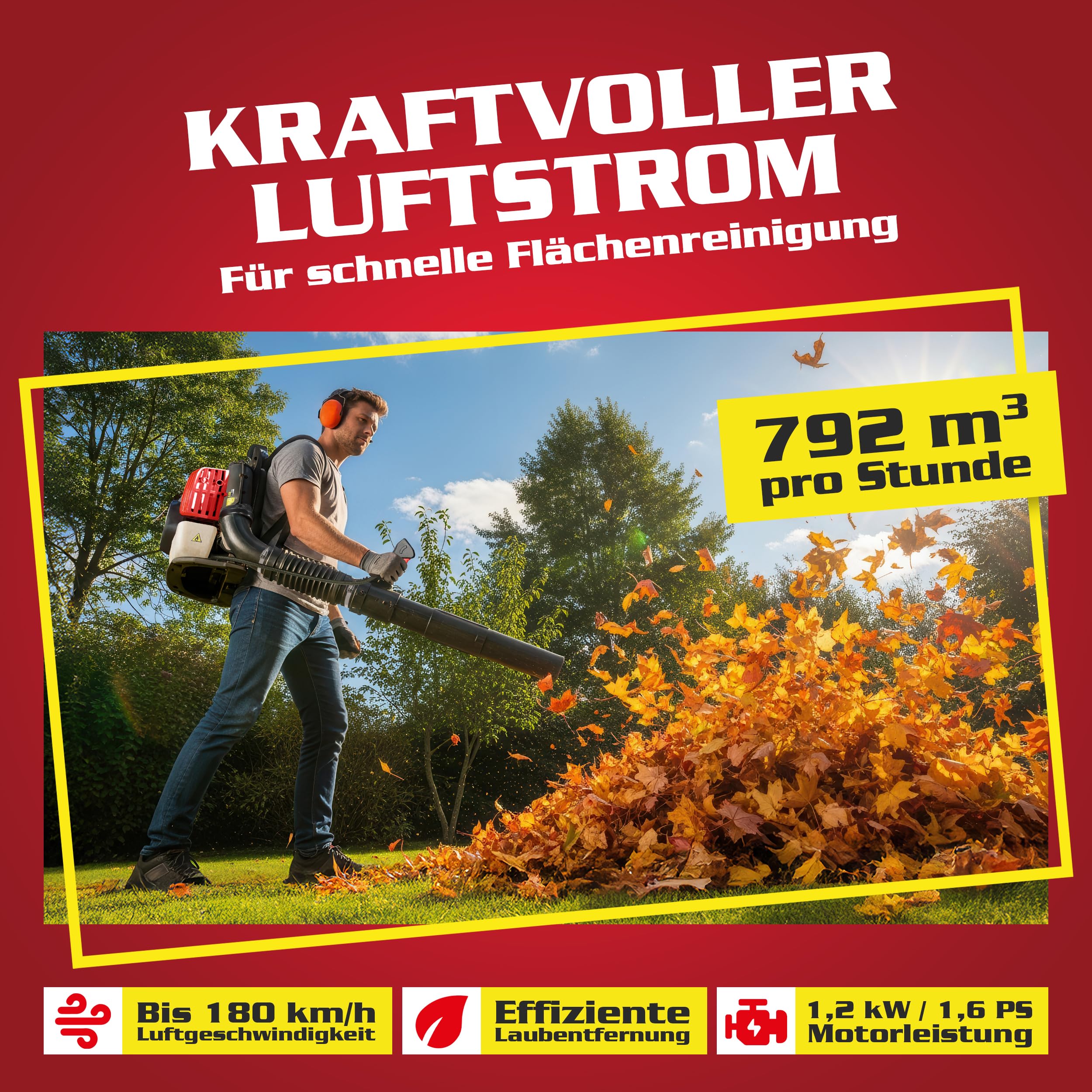 HECHT Benzin Laubbläser 43 cm³ 1,6 PS bis 180 km/h | Laubgebläse mit 792 m³/h Luftleistung, 6,5 kg Gewicht, Einfach-Start und Antivibrations-Rückenaufnahme