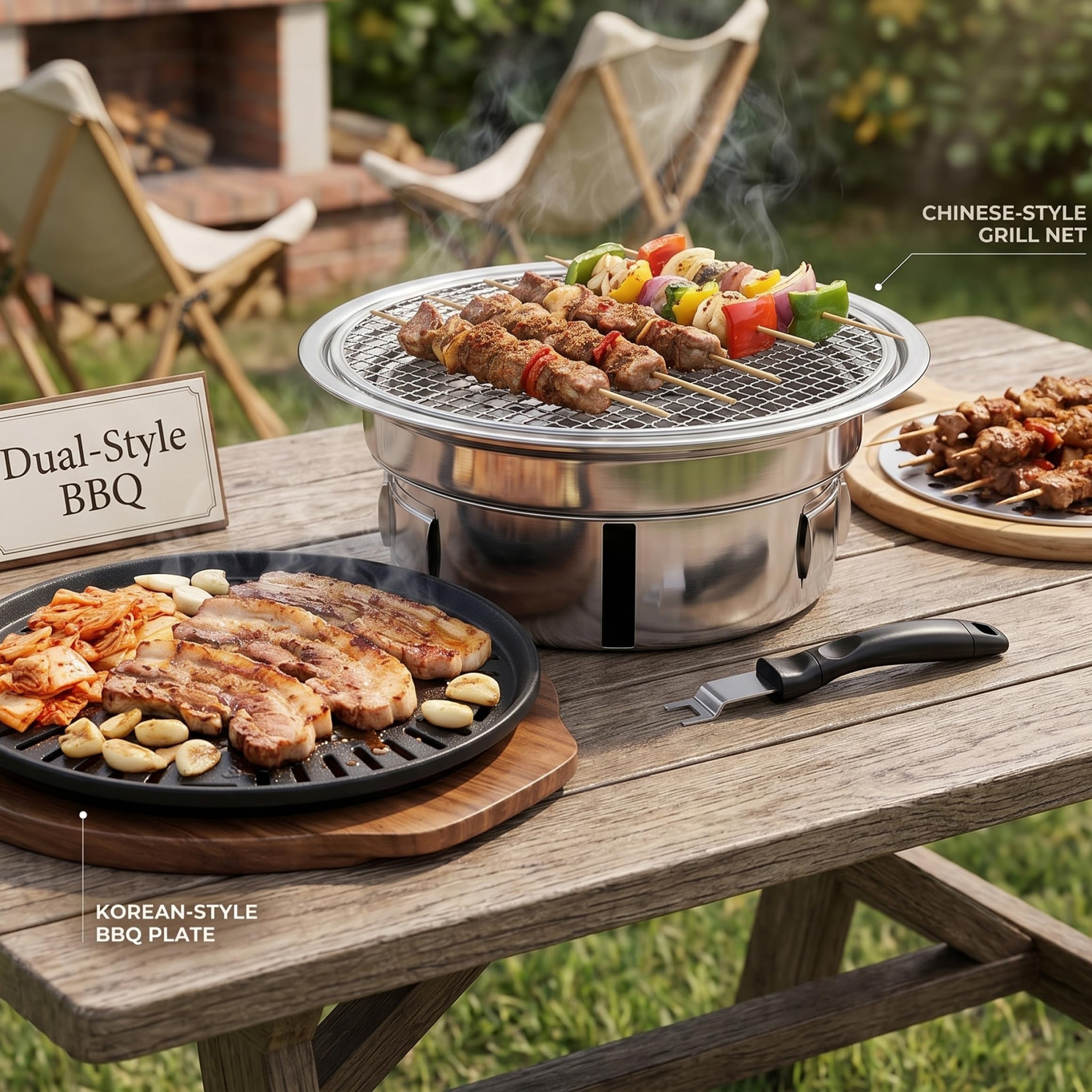 Barbecue Coreano Portatile, Barbecue a Carbone con Padella Antiaderente e Rete per Uso Interno ed Esterno, Coreano, a Carbone Portatile, Padella Antiaderente e Rete, Piccolo per