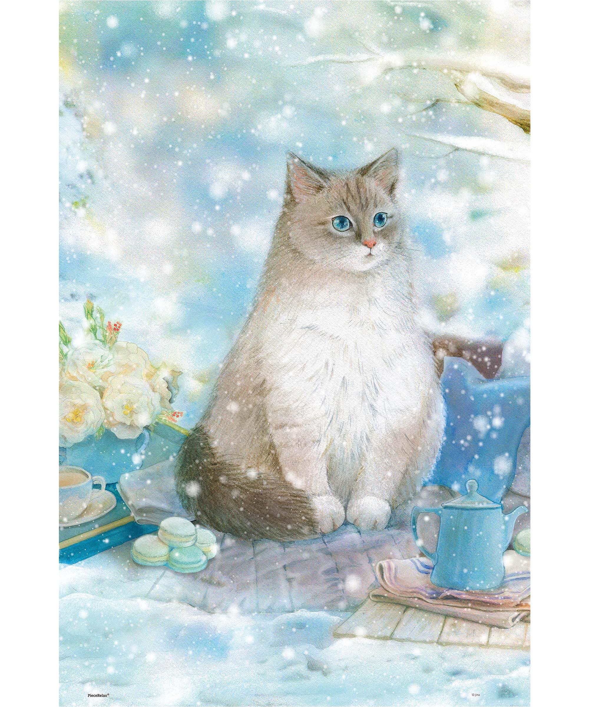 PieceRelax PieceClicks Plastic Jigsaw Puzzles for Adults 500 Pieces - Jina - A snow cat - 18.8 X 12.6 Inches, Most Satisfying Table Games, No Glue Needed [U1052]
