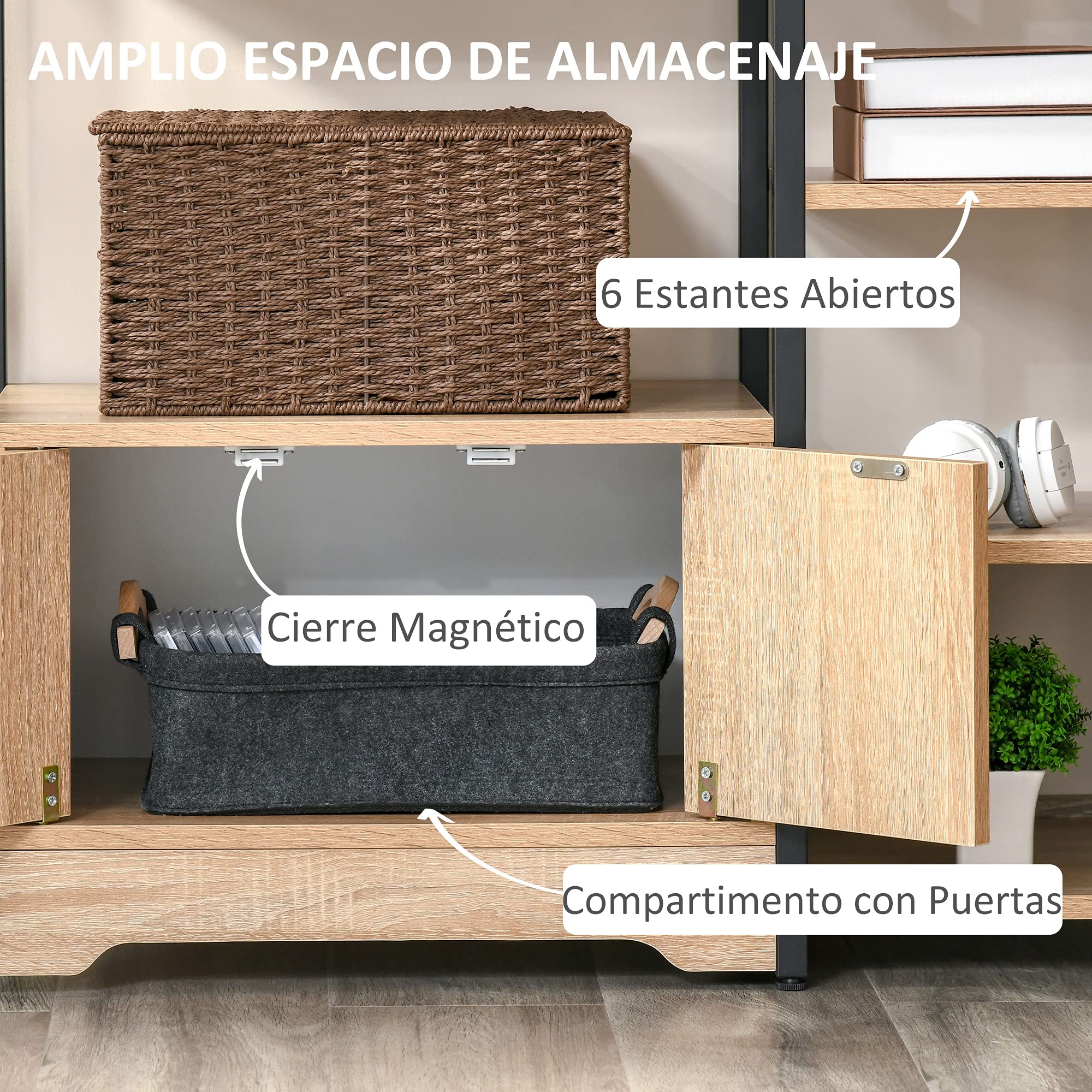 HOMCOM Estantería para Libros con Doble Puerta 80x35x97 cm Madera Natural