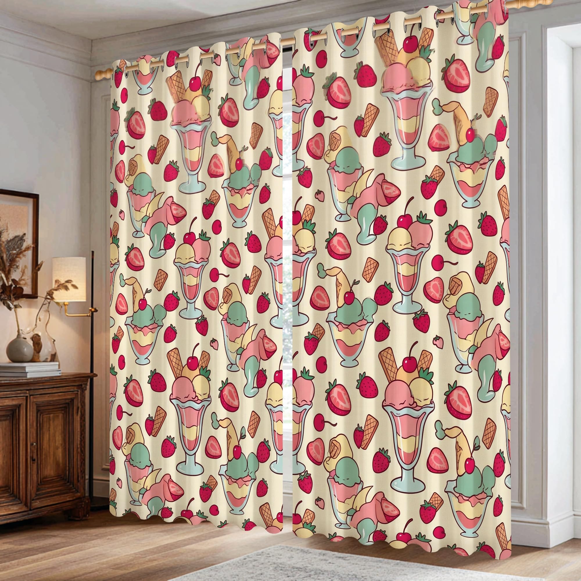 Rideaux occultants espiègles pêche pastel à motif cône de fraise et glace