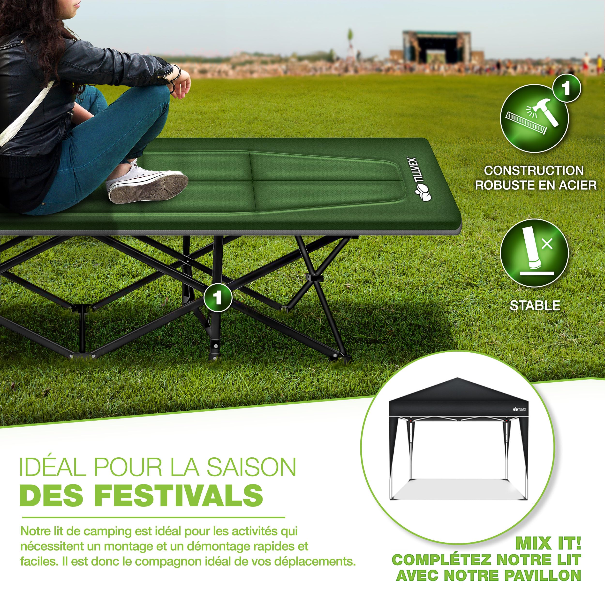 tillvex® Lit de camping pliable avec sac de transport jusqu'à 200 kg | Chaise de camping extra large | Lit de camp pour l'extérieur et l'intérieur | Lit d'invité pliable pour jardin, camping, pêche,