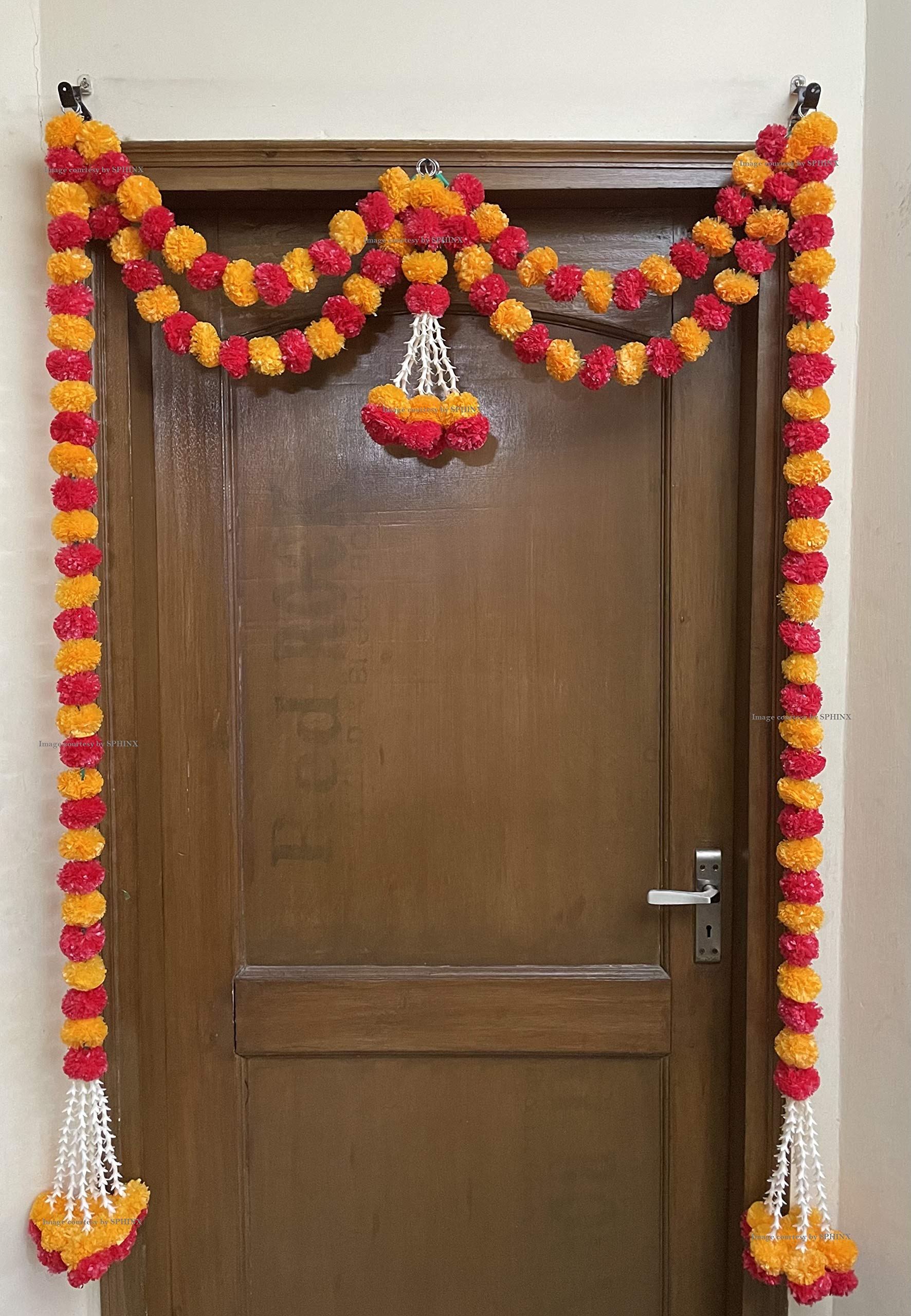 Sphinx Artificial Marigold Fluffy Flowers and Tuberose (rajnigandha) Door toran Set/Door hangings (Approx. 100 x 158 cms) - (Light Orange and Red)