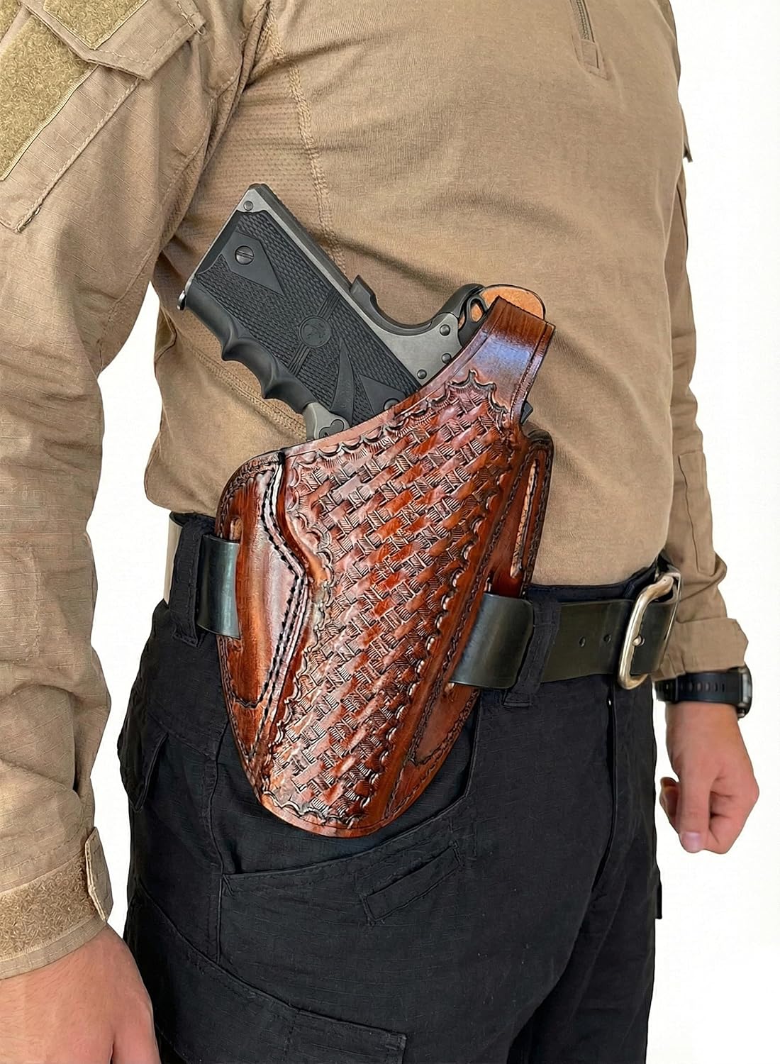 Leather Holster Fits Most 1911 Gun Style, Models with 4.25", and 5" Barrels, Handmade Basket Weave, 3 Slot Style Right Hand, Thumb Break - ShnLeather
