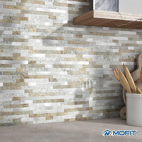 Miniatura 4 de MOFIT - Azulejo de ladrillo de piedra 3D para cocina, azulejos de pared autoadhesivos para despegar y pegar, azulejos lineales de mármol, paneles de