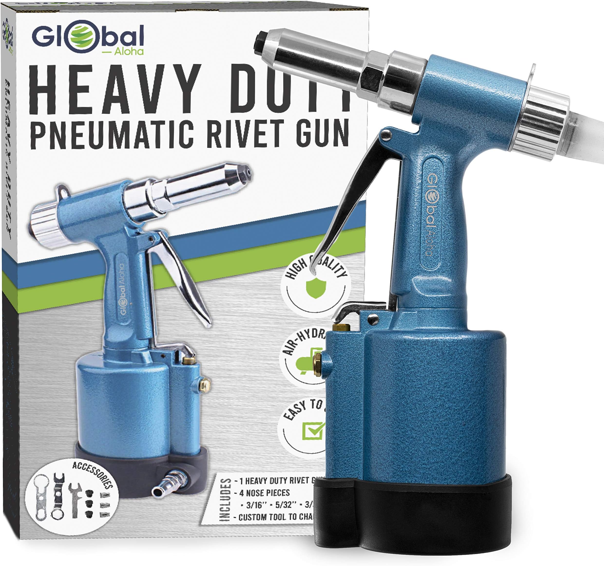 Professional Pneumatic Pop Rivet Gun, Air Riveter Tool Kit With High Psi, Perfect For Large And Small Jobs, No Battery Needed- 3/32" (2.4MM), 1/8" (3.2MM), 5/32" (4.0MM), 3/16" (4.8MM) Capacity