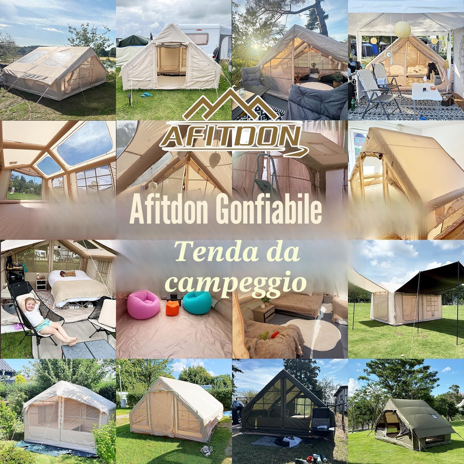 Tenda da campeggio gonfiabile 2-8 persone con apertura camino e lucernario, Oxford impermeabile 4 stagioni, pompa aria