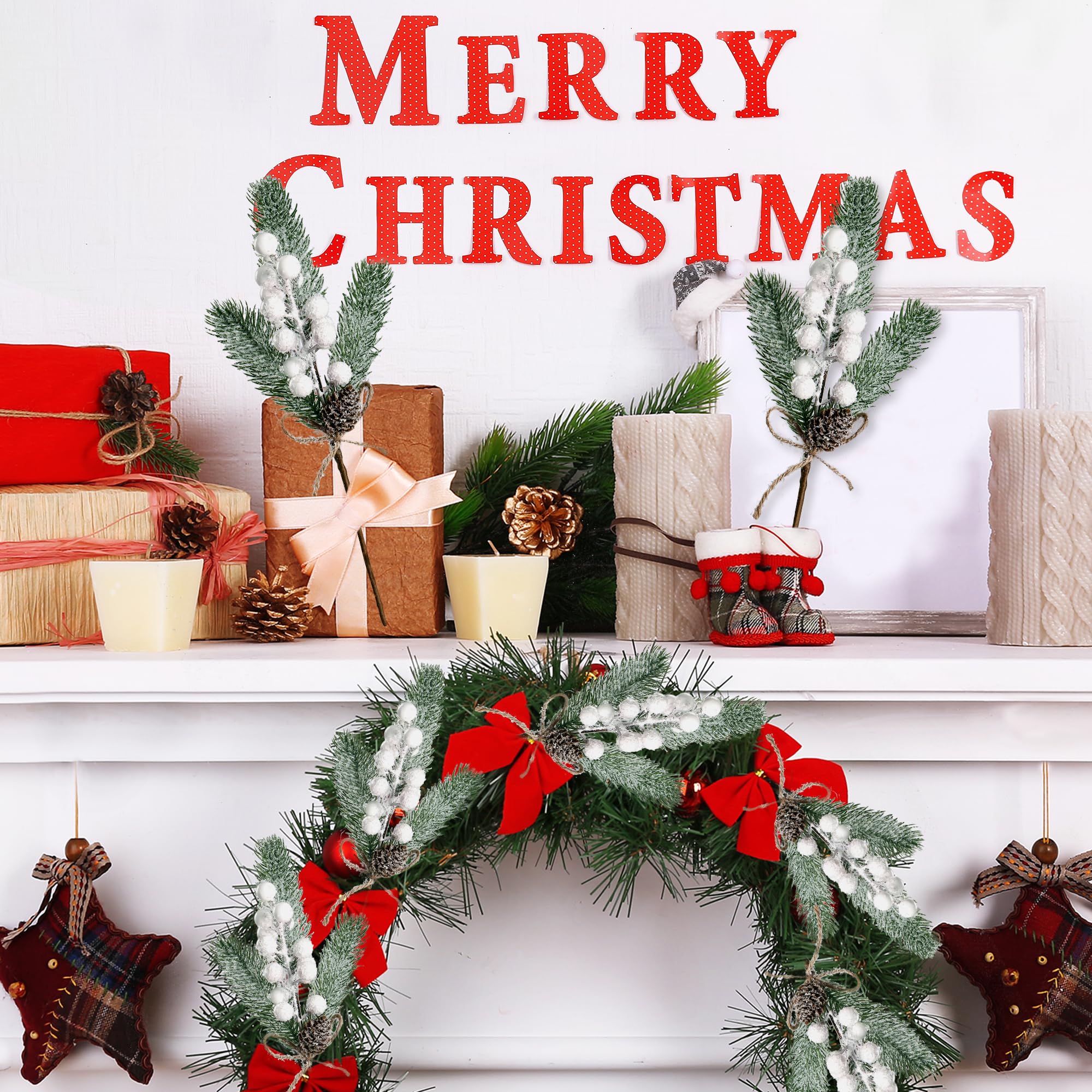 Sggvecsy 8 Stück Schnee gefrostete Weihnachtsbeeren Tannenspieße künstliche weiße Beeren Tannenzweige Faux Tannenzweige mit Tannenzapfen für Weihnachtsbaum Kranz DIY Handwerk Blumenarrangement Urlaub