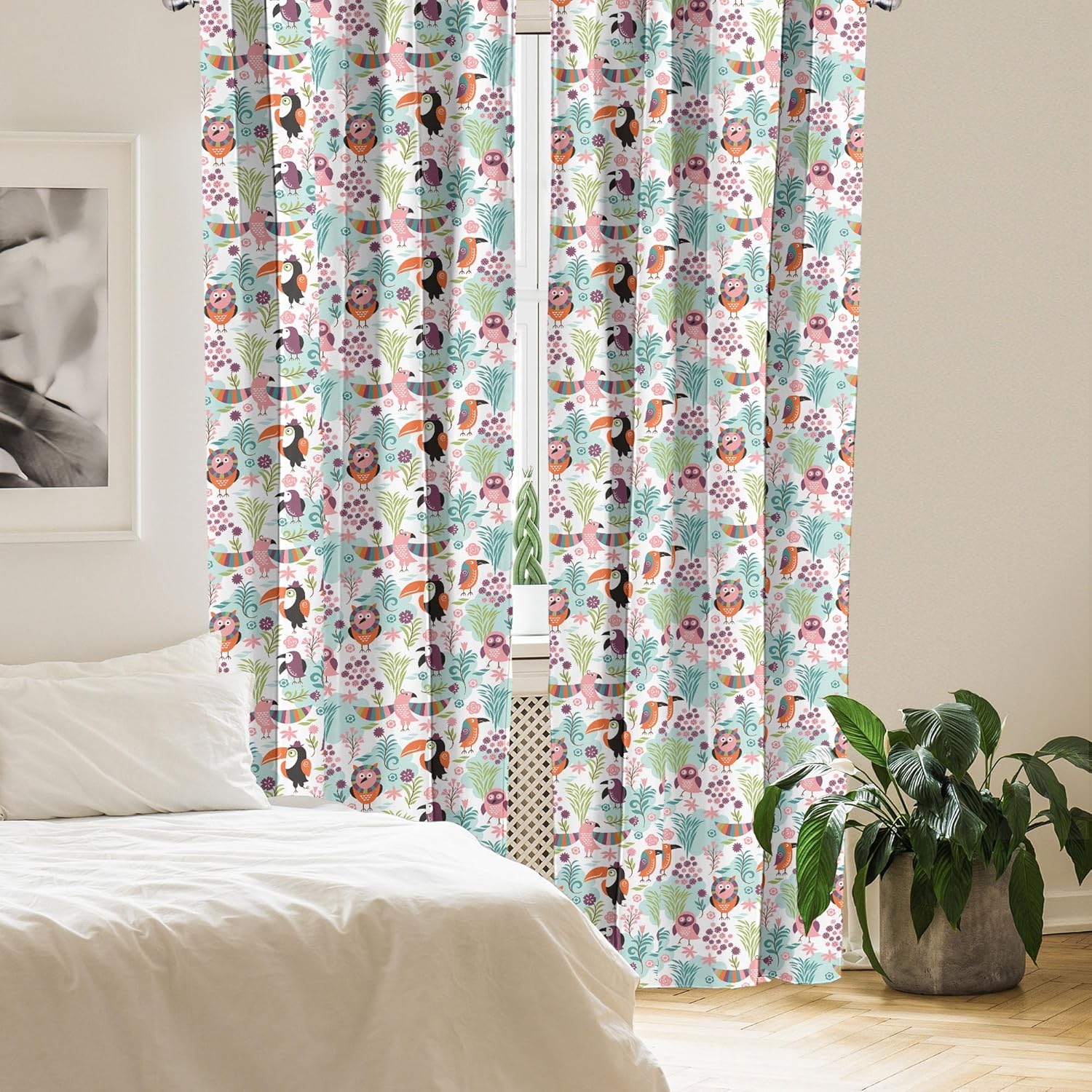 Ambesonne Tropical Curtains, Exotic Birds Pattern Cartoon Style Toucan Owls and Parrots Hawaii Flora and Fauna, Window Treatments 2 Panel Set for Living Room Bedroom, Pair of - 28" x 95", Teal Pink