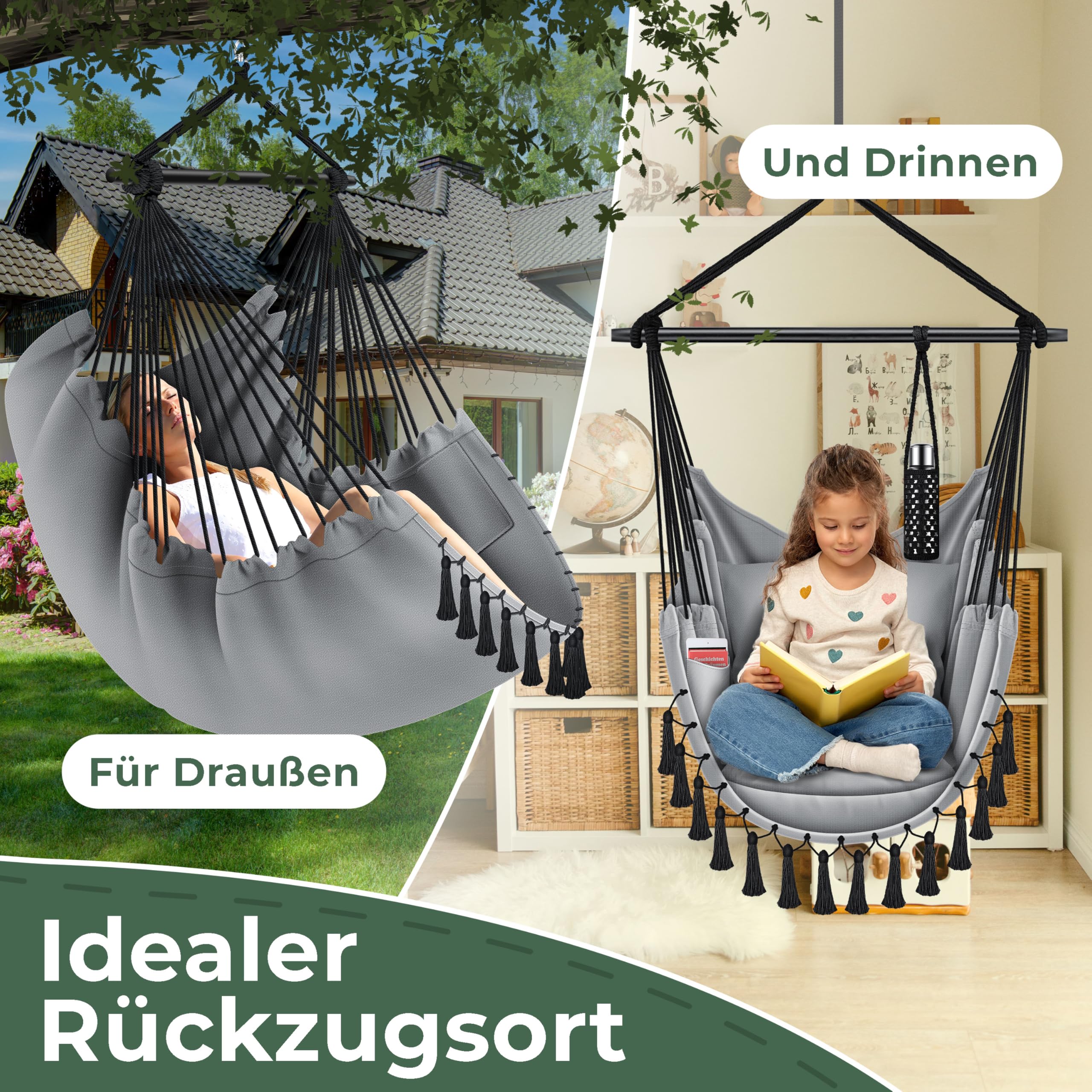 KESSER® Hängesessel Safari XXL Hängestuhl für Erwachsene & Kinder Hängematte bis 150 kg Hängesitz Aufhängung Indoor-Outdoor-Wohnen Inkl. Tragetasche, 2 Kissen, Getränkehalter & Bücherfach, Grau