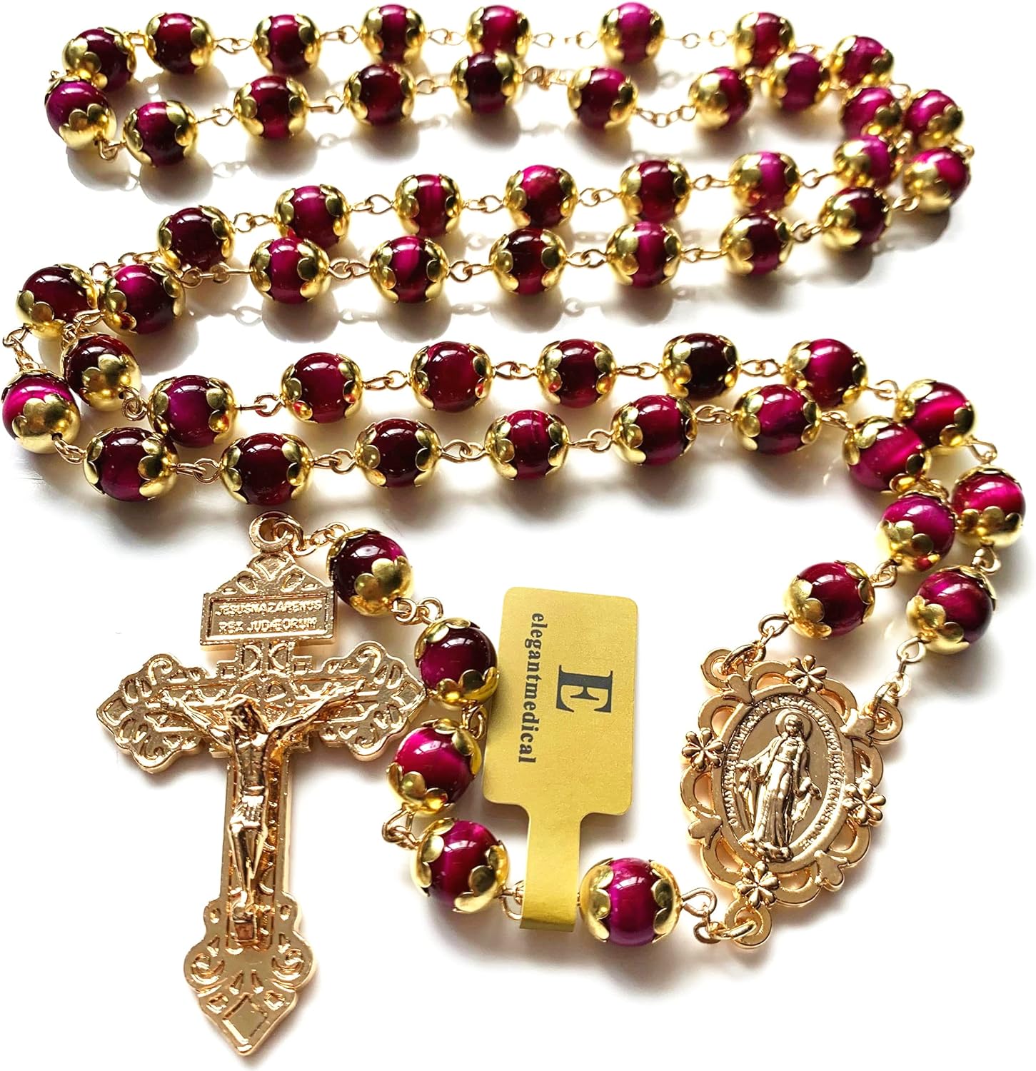 elegantmedical HANDMADE Tiger Eye Prayer Beads Catholic Rosary Necklace Gift Box Italy Crucifix Gold - Image 6