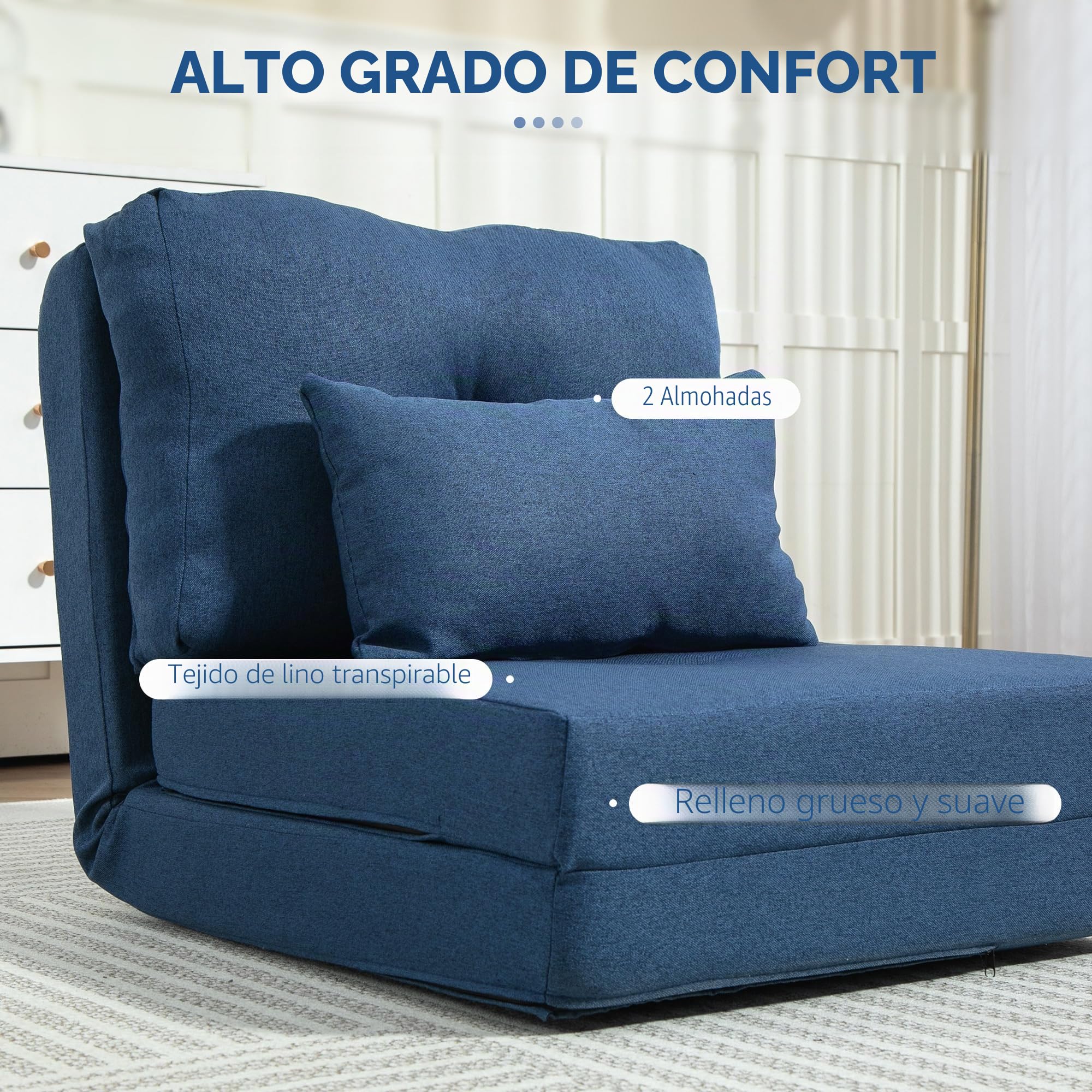 HOMCOM Sillón Convertible 1 Plaza Sillón Perezoso Cama Calentador 1 Plaza - Cojín Incluido, Respaldo Ajustable - Salón, Carga 120 kg, Tejido Lino Azul Oscuro