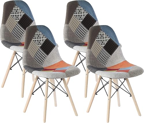 Miniatura 10 de Silla de comedor moderna de mediados de siglo tapizada de plástico multicolor Patchwork DSW Shell con patas Eiffel de clavija de madera