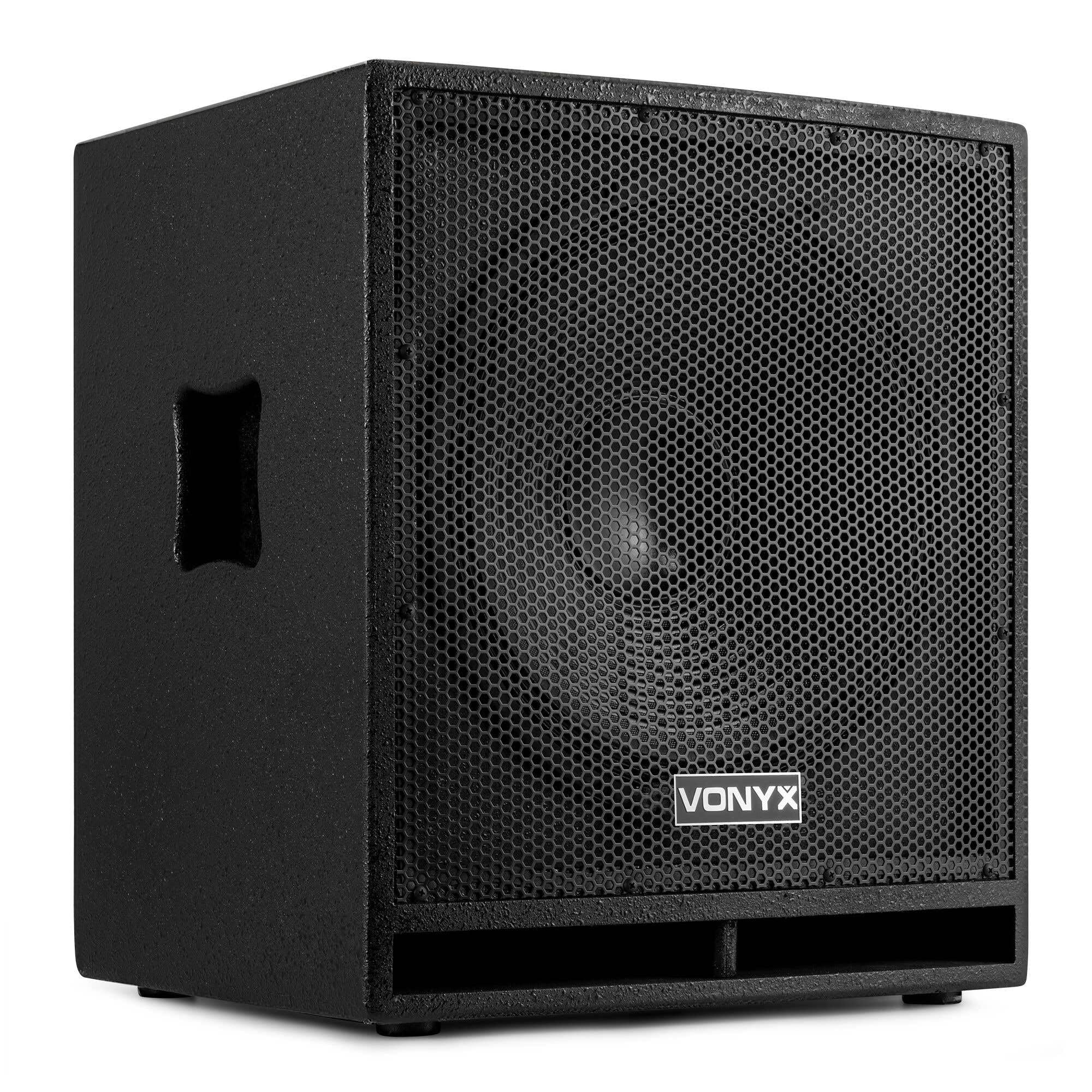 VONYX SWP15 Caisson de Basse Actif 800W, Phase Réglable, Entrée/Sortie XLR + RCA, Amplificateur Intégré, Insert sur la Face Supérieure pour Enceinte Active, Grave 15", Idéal pour DJ Mobile