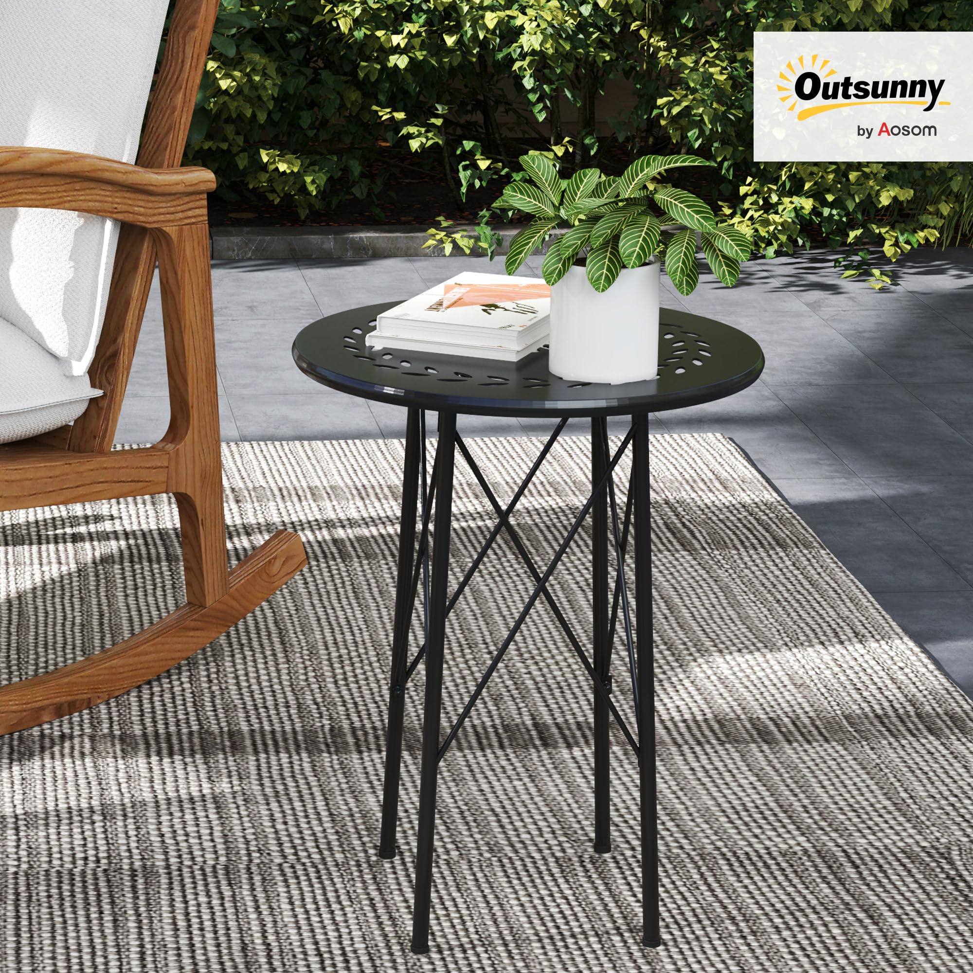 Outsunny 15.7" Round Garden Table with Floral Cut-Out, Steel Balcony Side Bistro Coffee Table, Outdoor Furniture with Adjustable Feet for Patio Garden, Black - 2