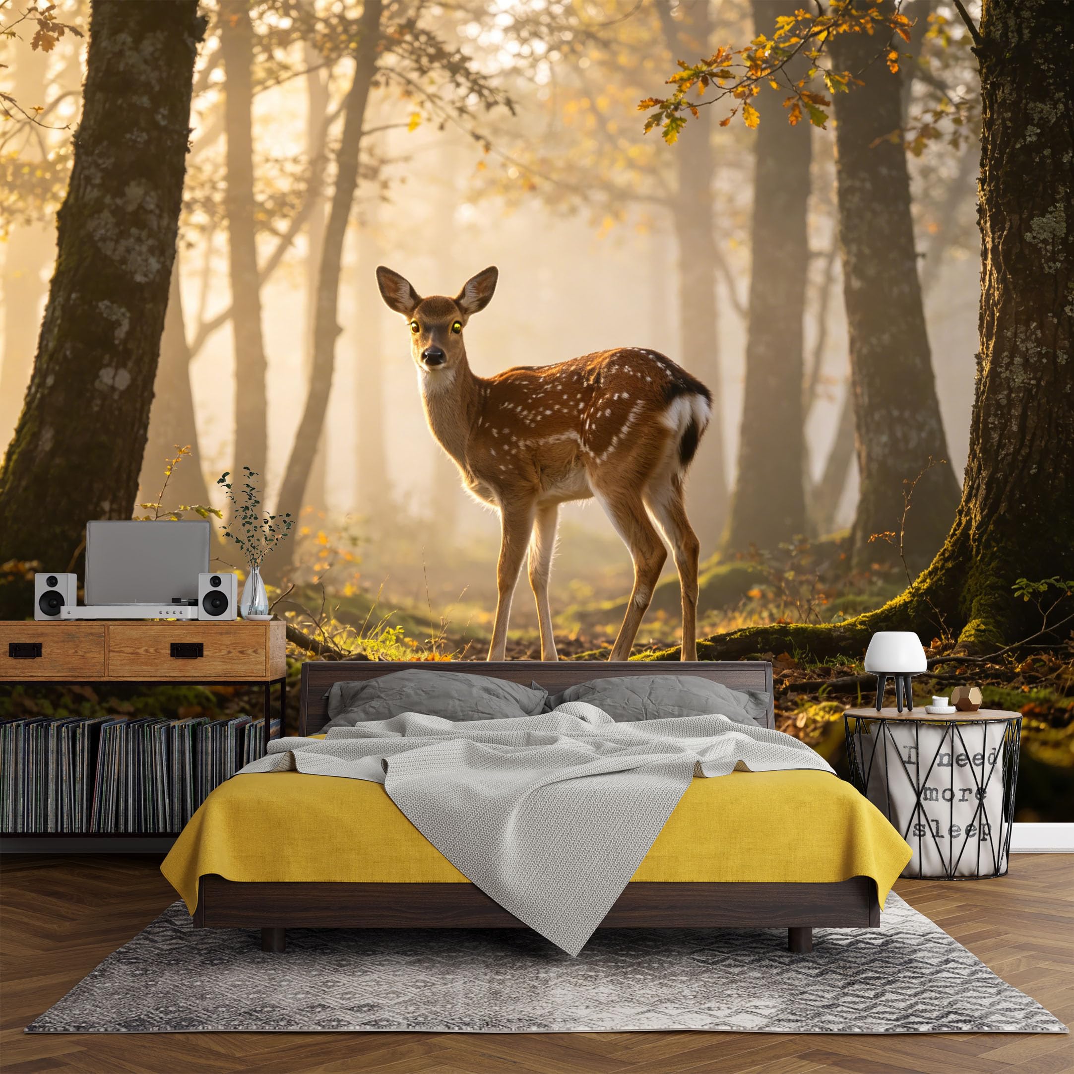 Custom Size Wall Mural， Forest Deer Morning Light Woodland Landscape Nature Scene，SelfAdhesive Art Prints wall Fabric (No PVC) Removable Wallpaper Living Room Decor