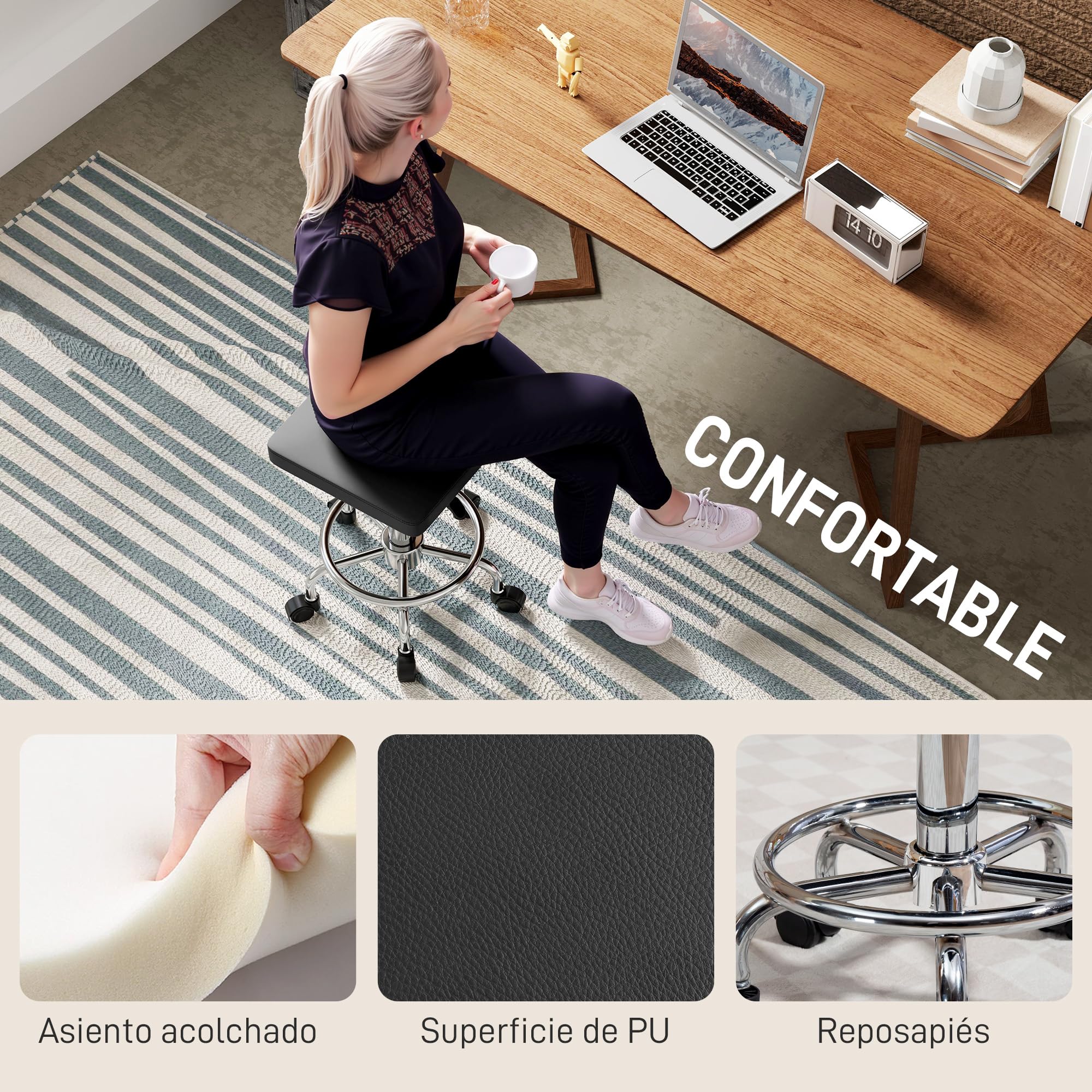 HOMCOM Sgabello girevole con ruote, altezza regolabile 50-66 cm, nero | Seduta imbottita in pelle sintetica, poggiapiedi, per saloni e officine