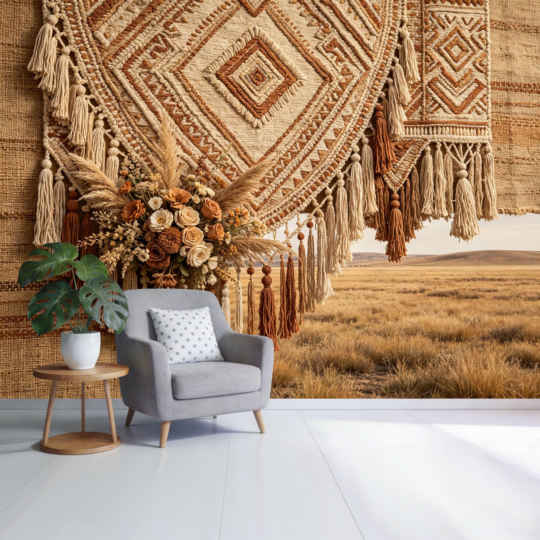 Custom Size Wall Mural Bohemian Tassel Macrame Pattern Rustic Dried Flower Arrangement Farmhouse Style SelfAdhesive Wall Fabric Removable Wallpaper for Home Office Decor