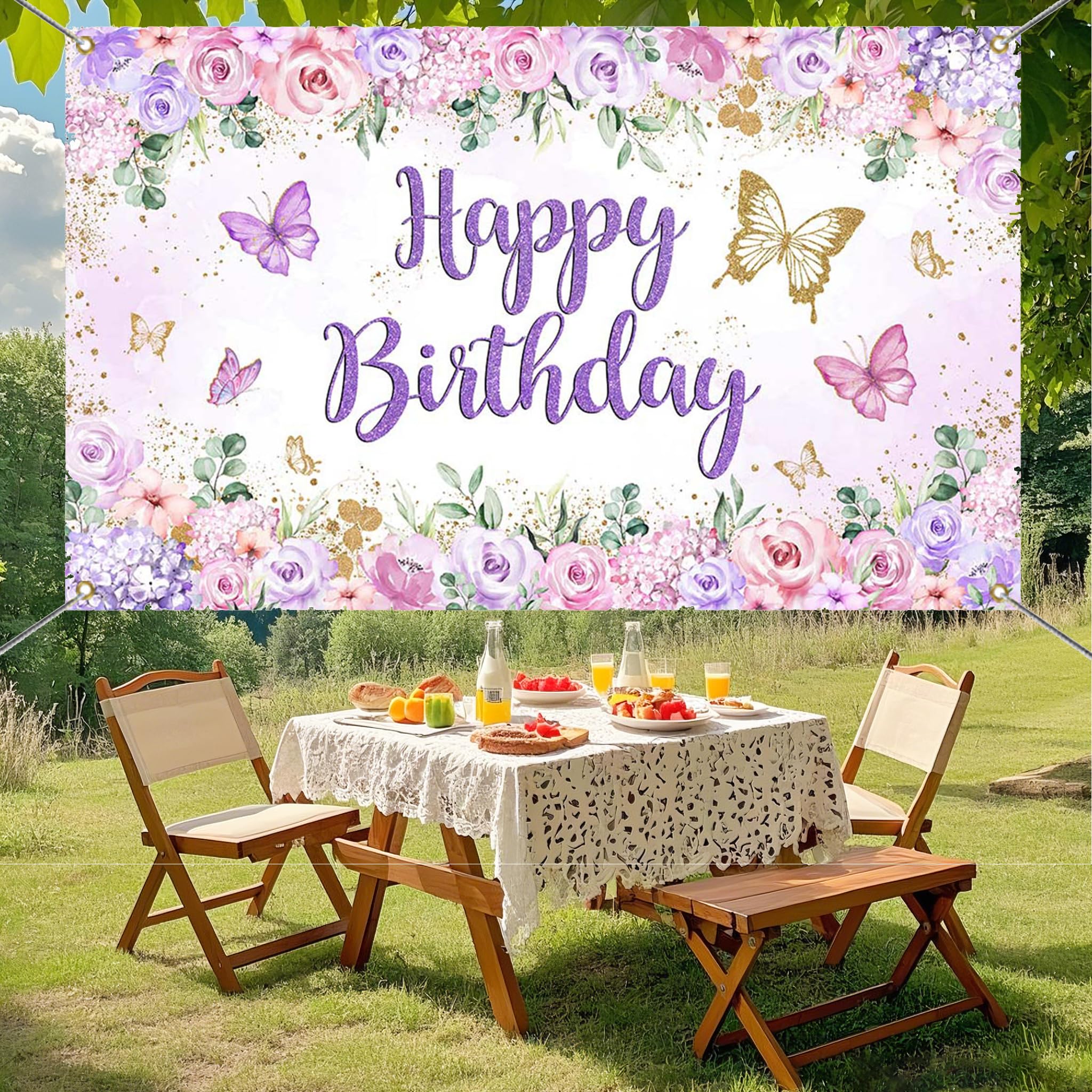 Mocsicka Pancarta de cumpleaños de mariposa, telón de fondo de mariposa morada, feliz cumpleaños, niña, fiesta de cumpleaños, decoración de cumpleaños de mariposa, 70.8 x 43.3 pulgadas