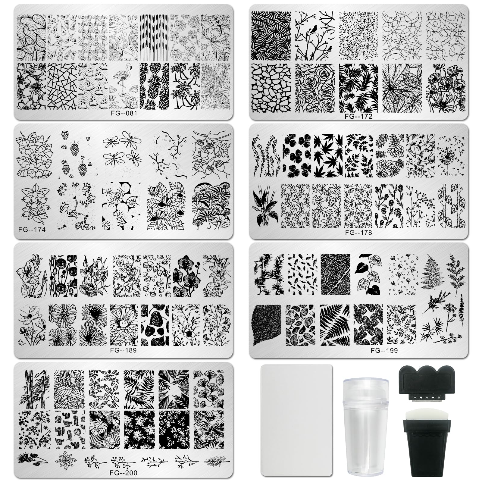 AddFavor Nail Stamper Kit - 7pcs Flower Leaves Stamping Plate with Silicone Stamper and Scraper, Animal Image Nail Stencils, Design Supplies