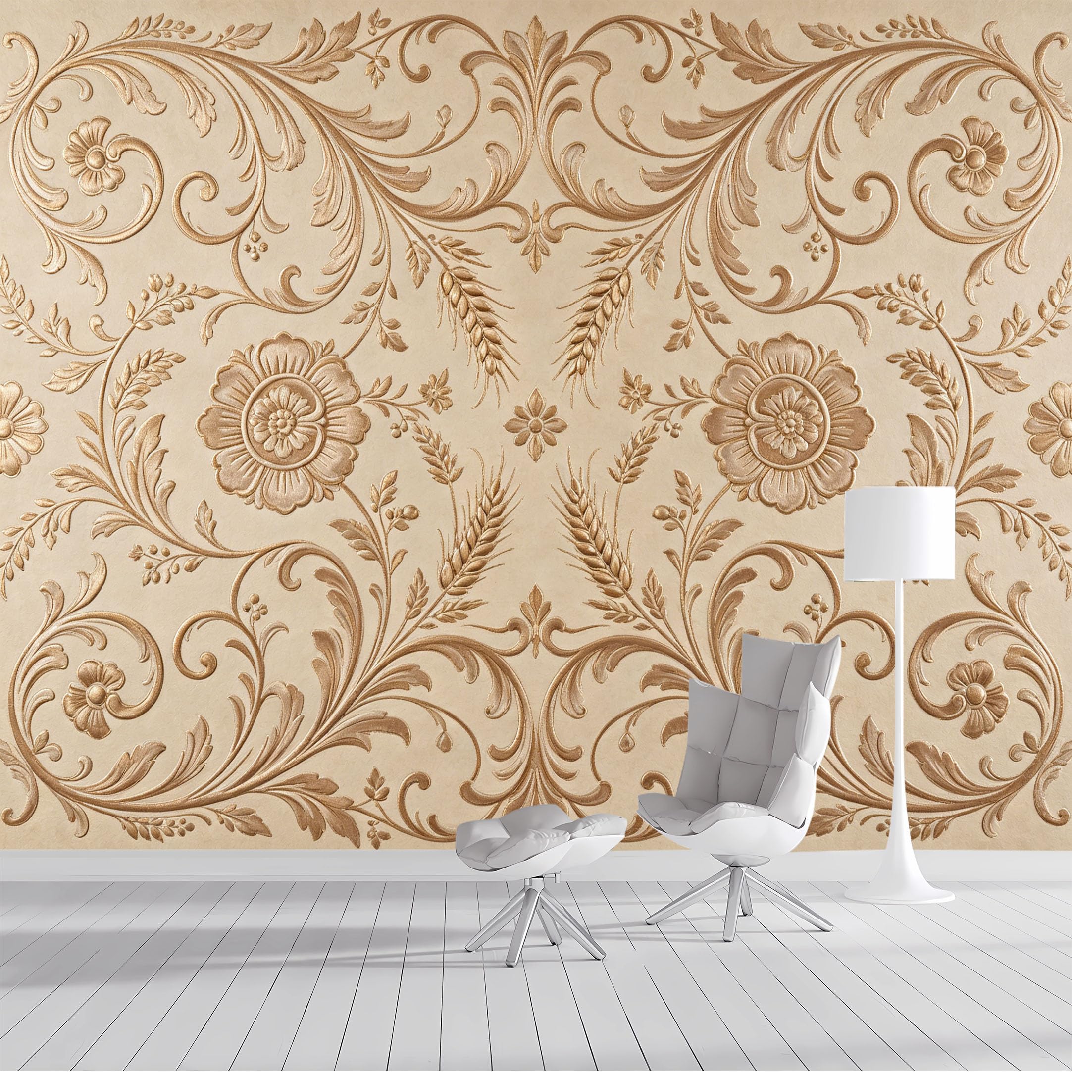 Custom Size Wall Mural Golden Baroque Floral Wheat Relief Textured European Classic Ornament SelfAdhesive Wall Fabric Removable Peel and Stick Wallpaper for Living Room Bedroom Bathroom