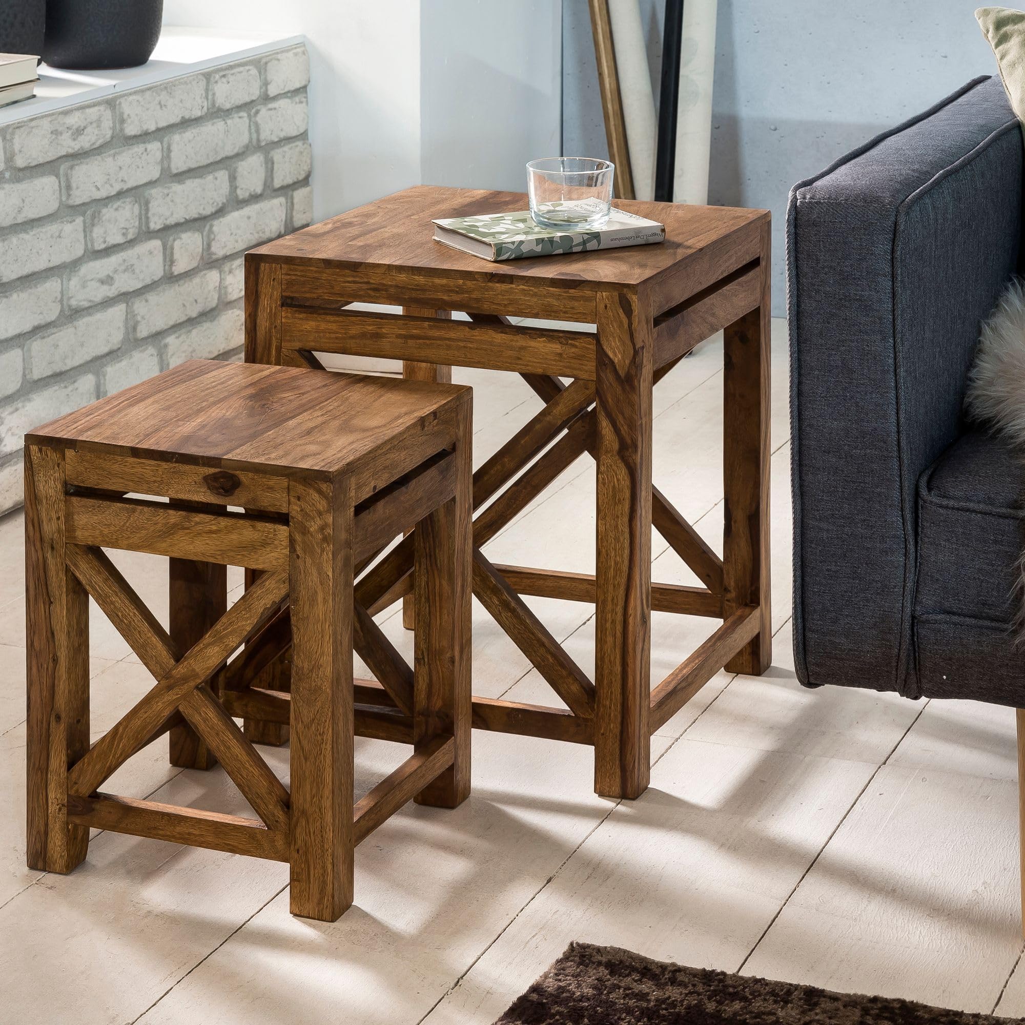 WOHNLING Set 2 Tavolini Nidificazione: Design Industriale In Legno Sheesham E Metallo Nero