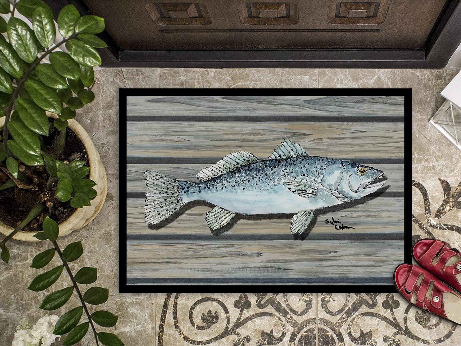 Caroline's Treasures 8494-MAT Speckled Trout Doormat 18x27 Front Door Mat Indoor Outdoor Rugs for Entryway, Non Slip Washable Low Pile, 18H X 27W