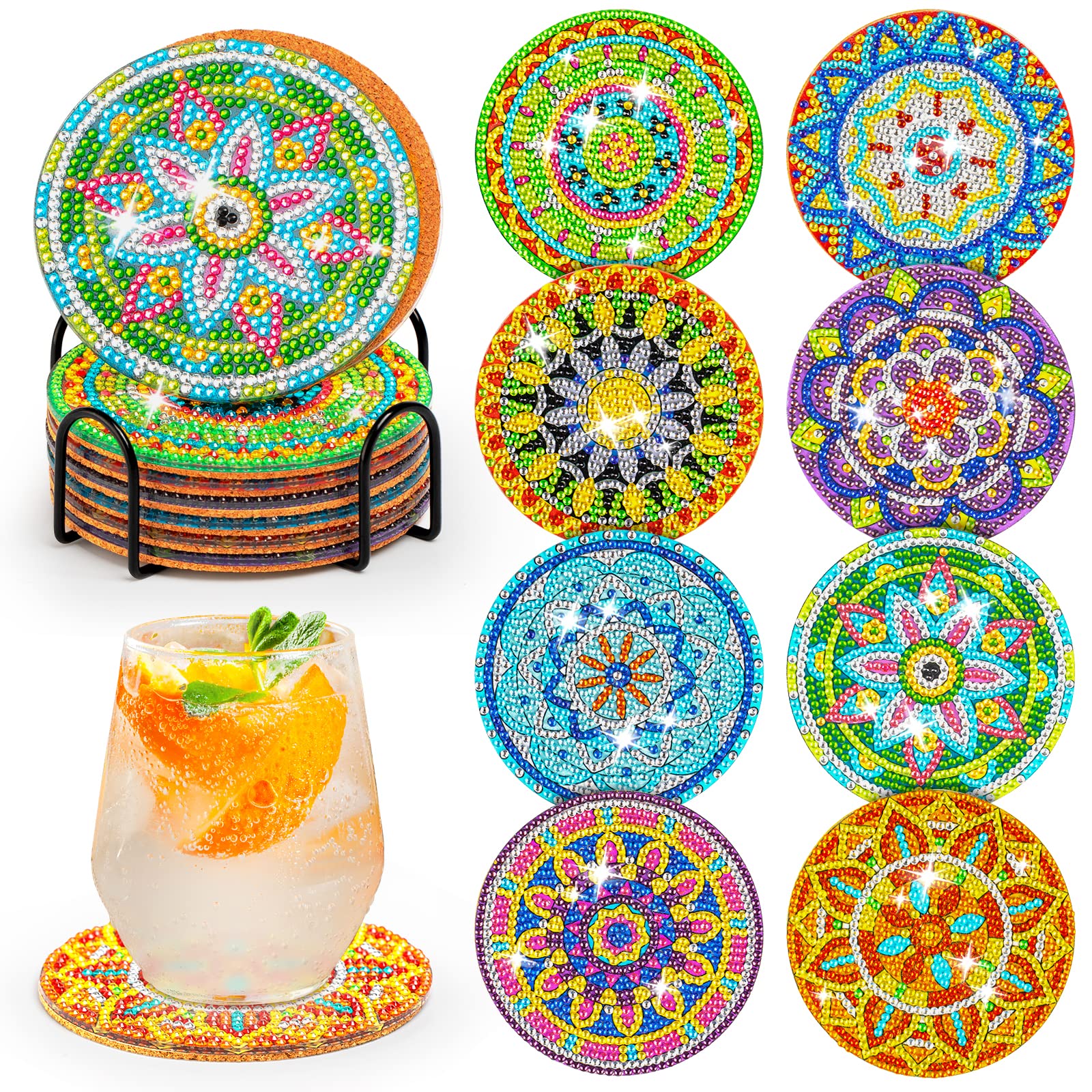 STOPKLAS Diamond Art Painting Coasters Kit for Adults, 8 Pcs Mandala Diamond Arts and Crafts Kits for Adults with Holder, DIY Diamond Dotz Kits for Adult and Kid Beginners