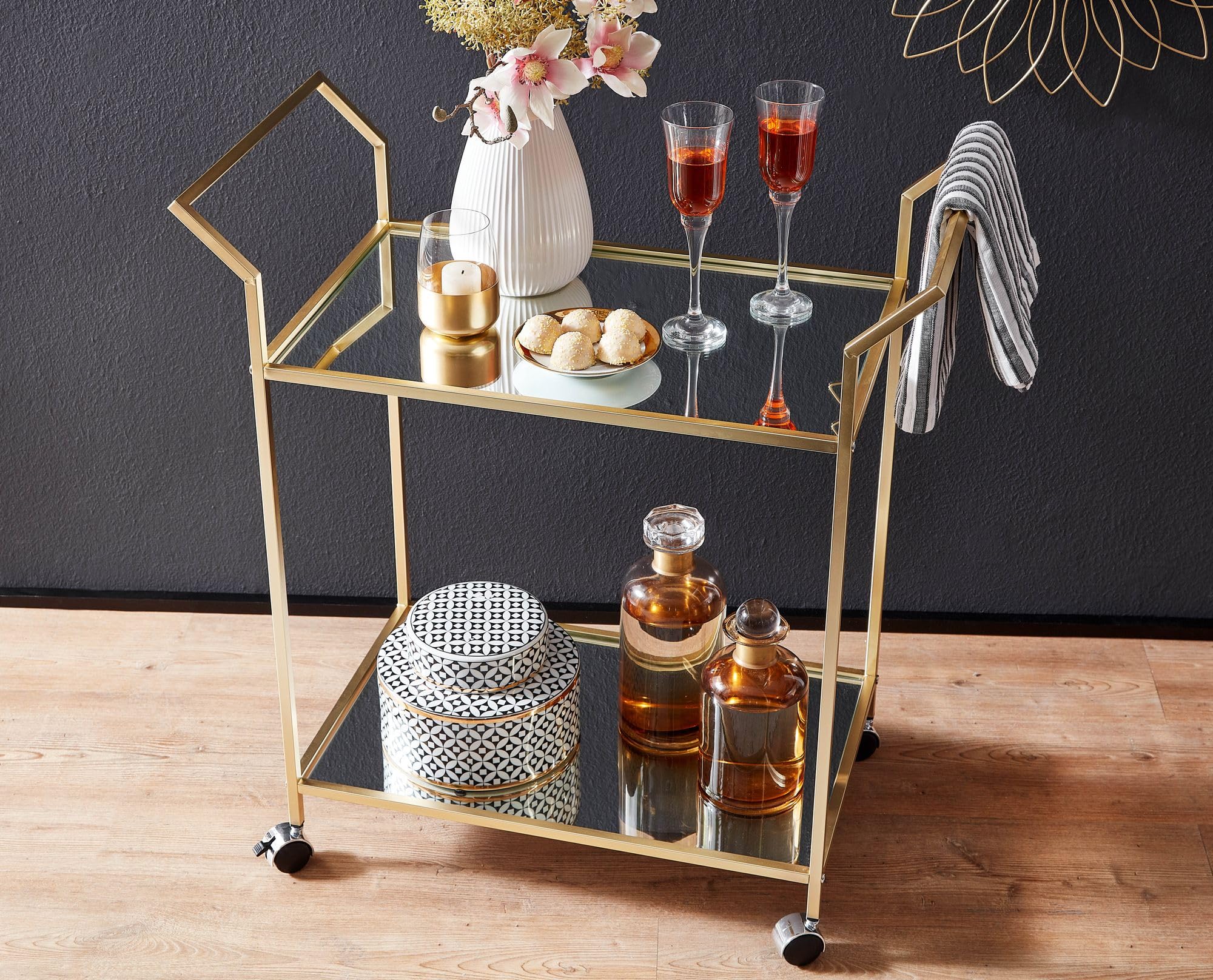 FineBuy Servierwagen 73x37x78 cm Gold mit 2 Glasablagen