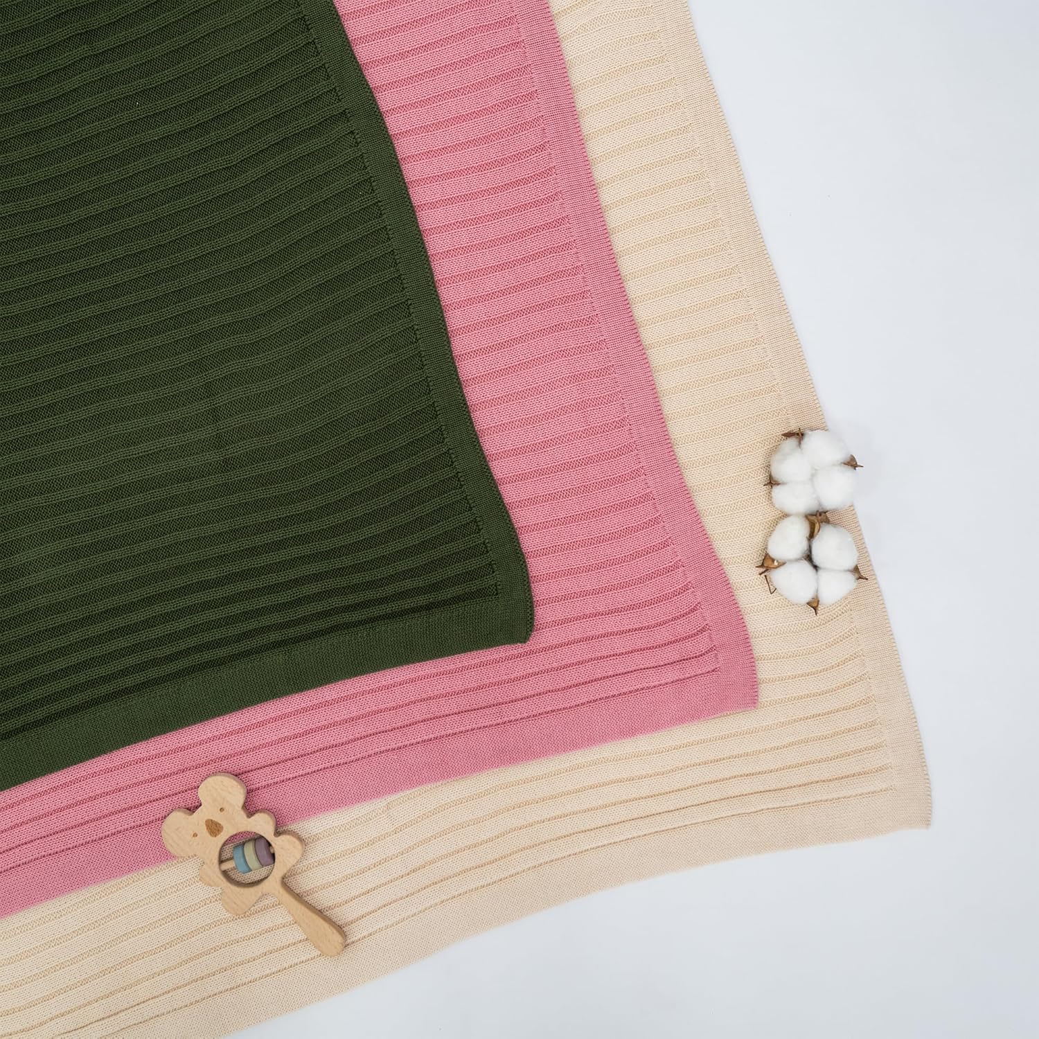 Baby Knit Blanket, 100% Cotton Ribble Patterns, Soft, Cozy, Lightweight Swaddle for Newborn & Infant Swaddling Beige Neutral, Perfect Baby Shower Ideas Beige 30x30