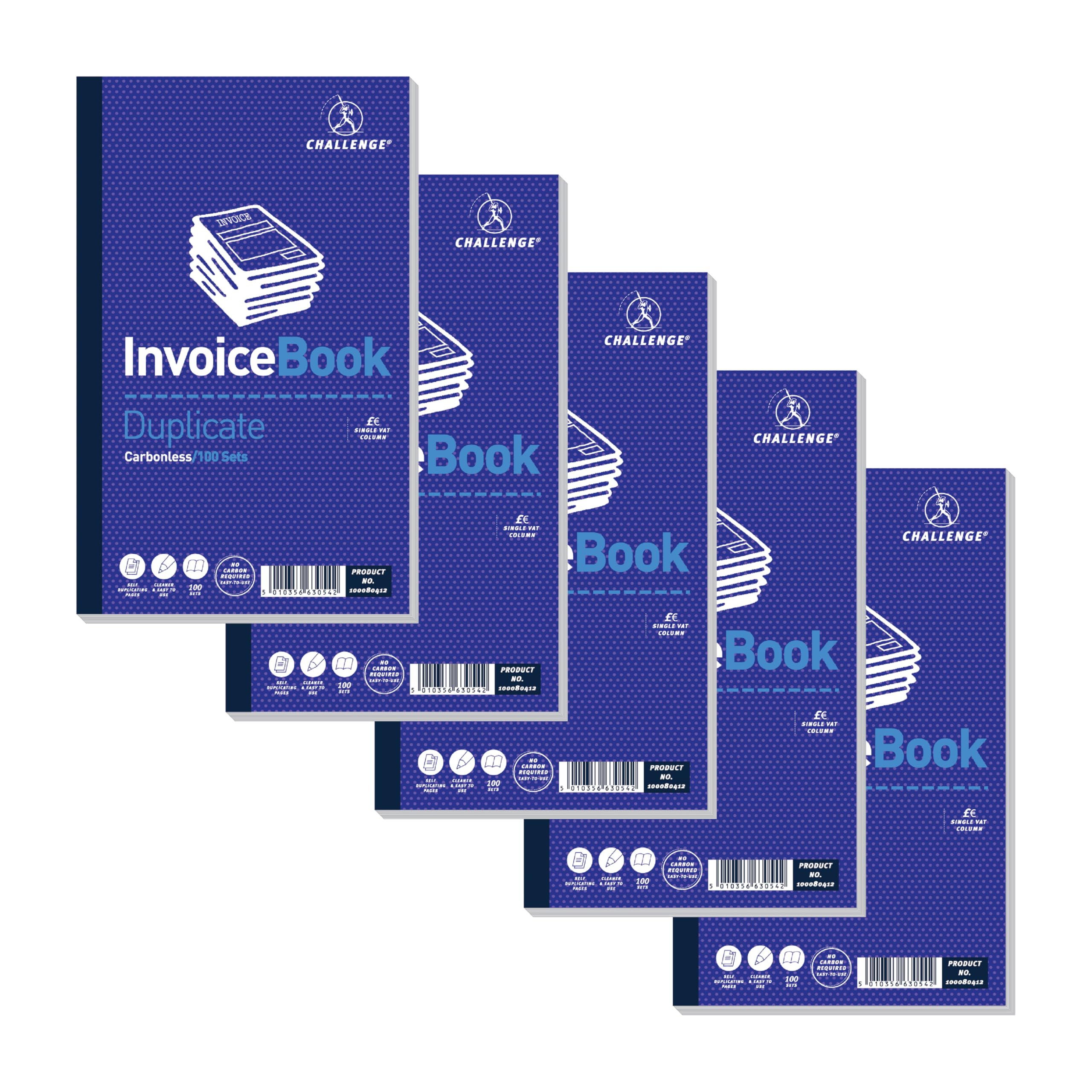 Challenge Duplicate Invoice Book with Vat, Carbonless, 100 Pages, Set of 5 (210 x 130 mm)